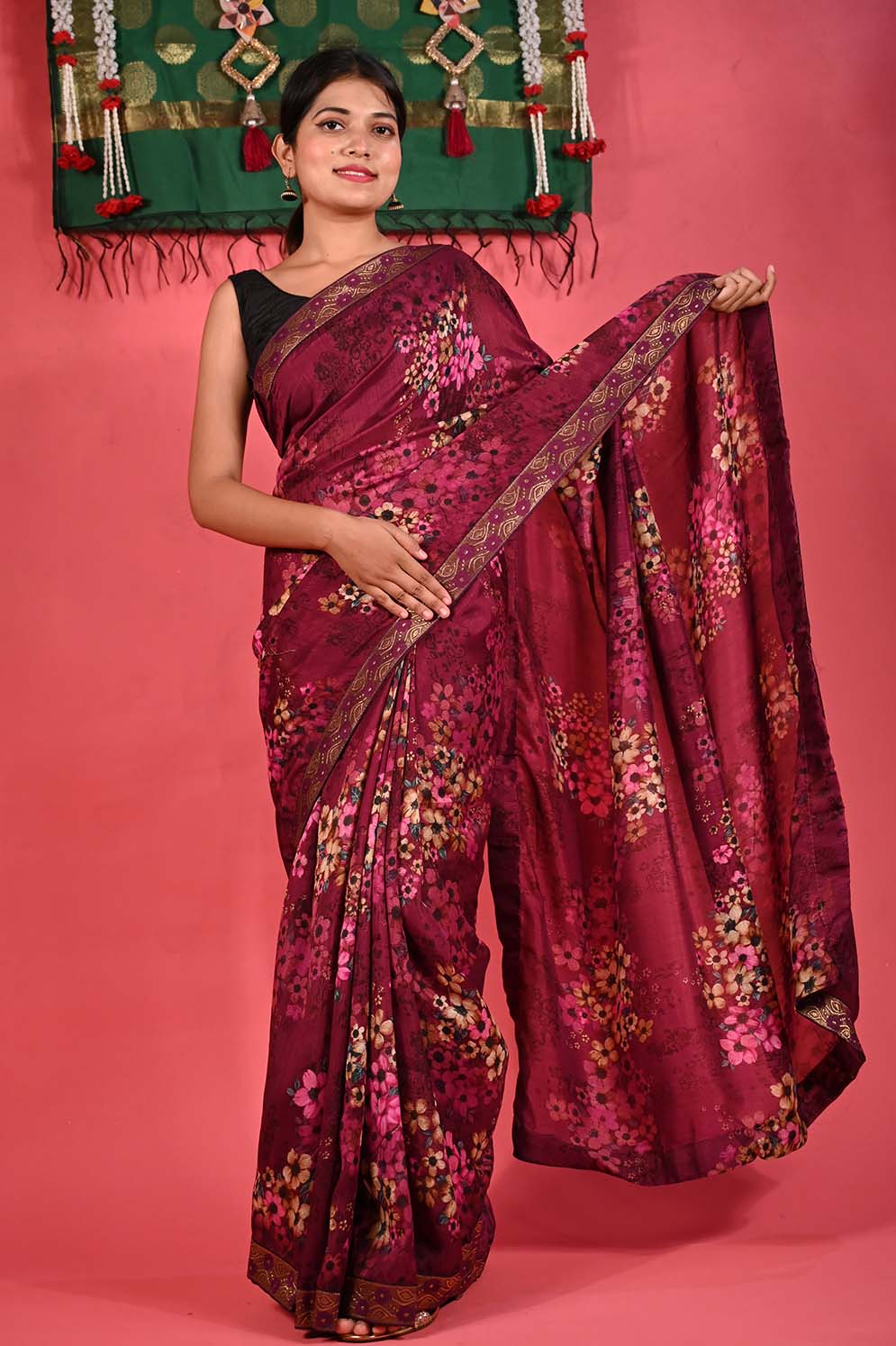 Ready To Wear Beautiful Wine Floral Printed Georgette With Embroidered Detailed Border Wrap in 1 minute saree - Isadora Life