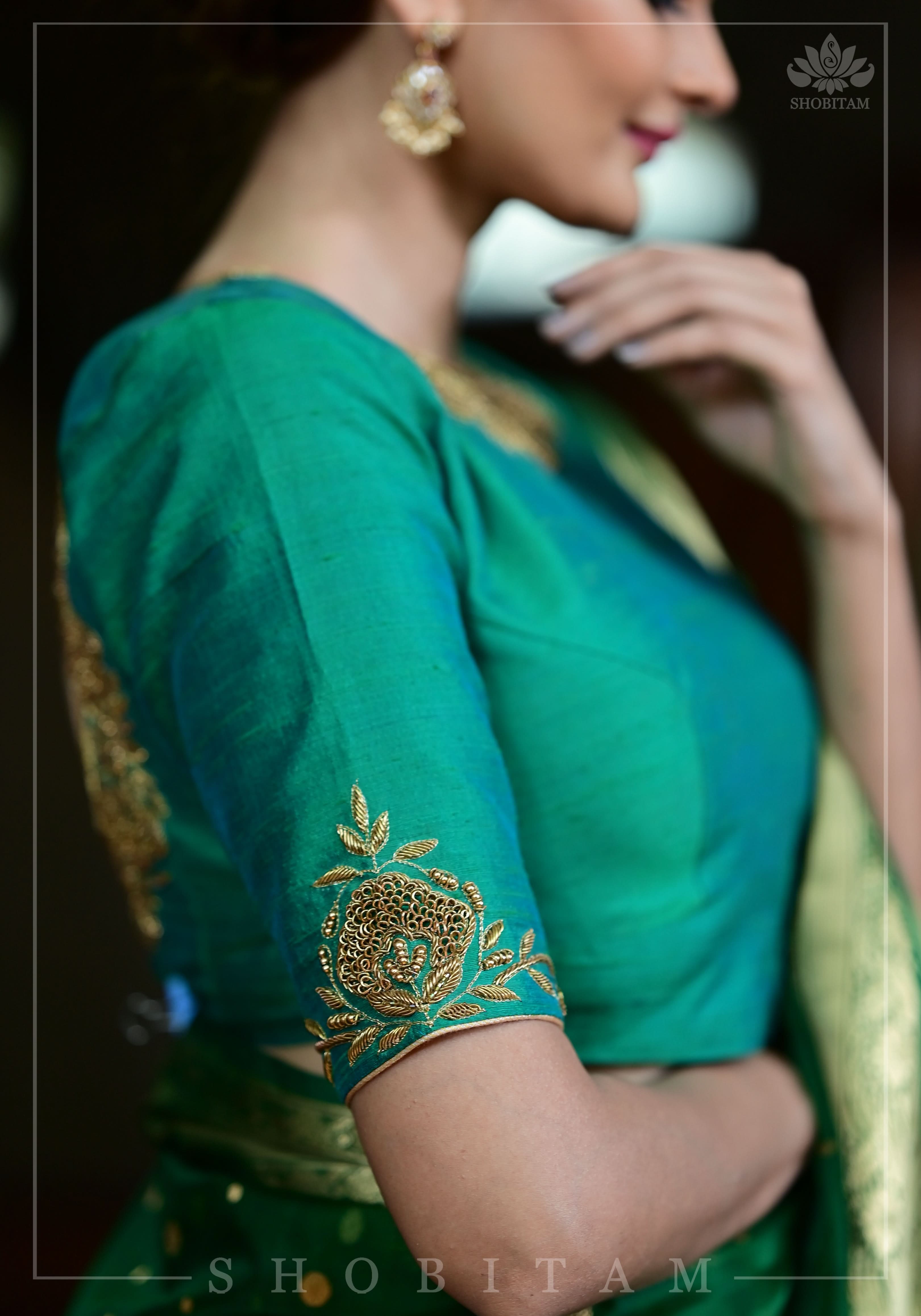 Green Dual Tone Pure Raw Silk Blouse with Antique Tone Zardosi work | Shobitam