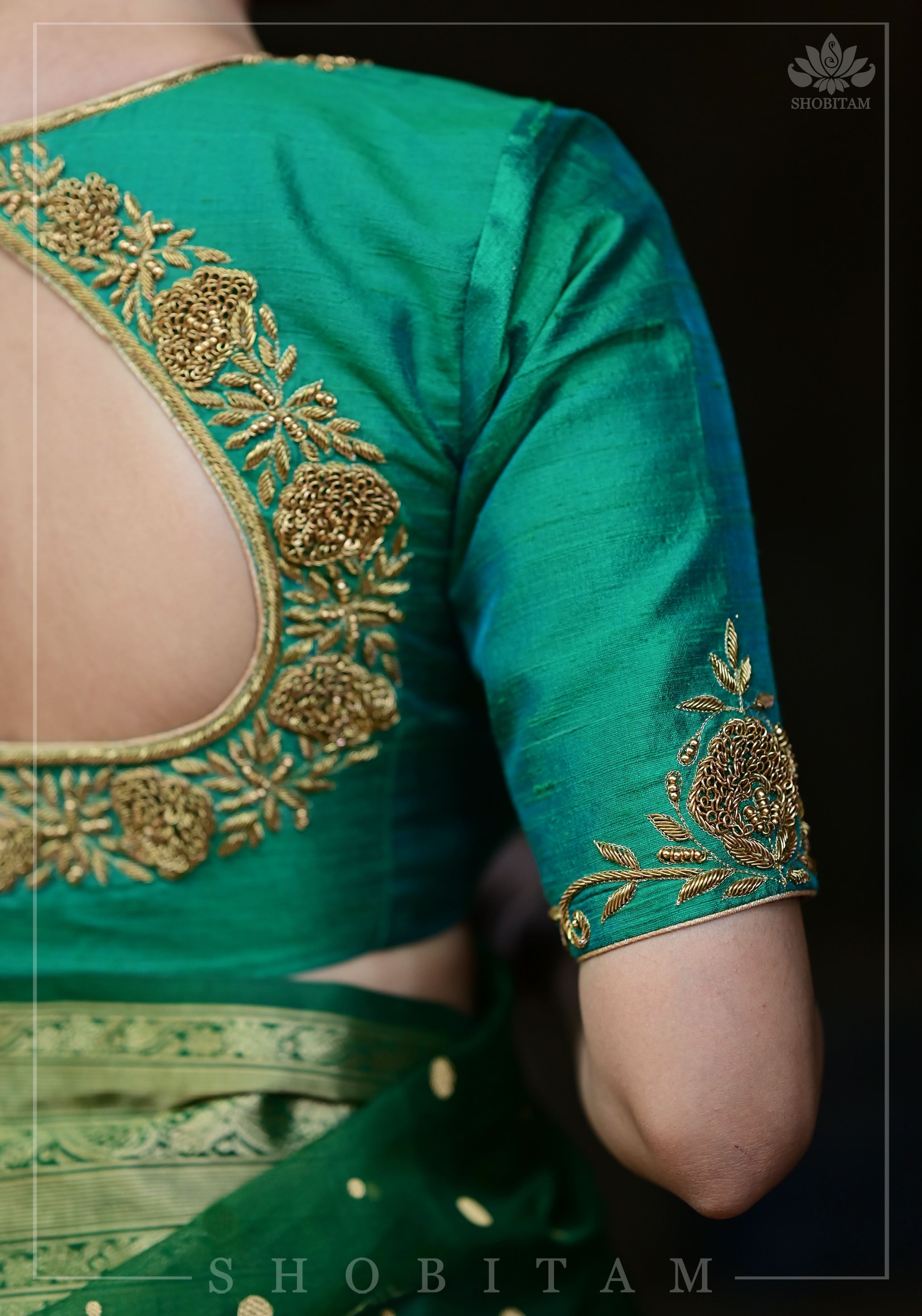 Green Dual Tone Pure Raw Silk Blouse with Antique Tone Zardosi work | Shobitam