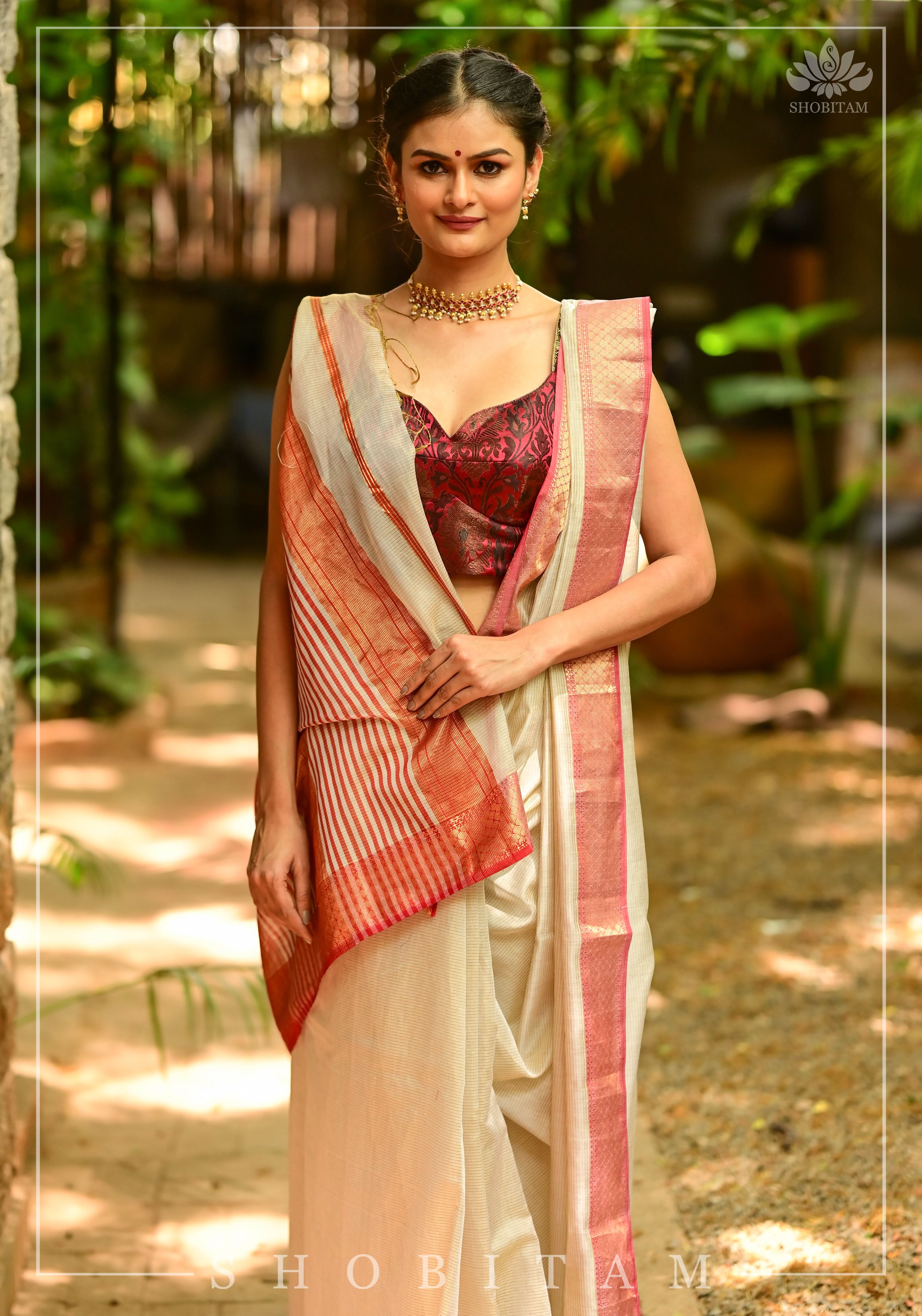 Tissue Stripes on Silk-Cotton Pure Maheshwari Saree in Off White and Soft Red! | Shobitam
