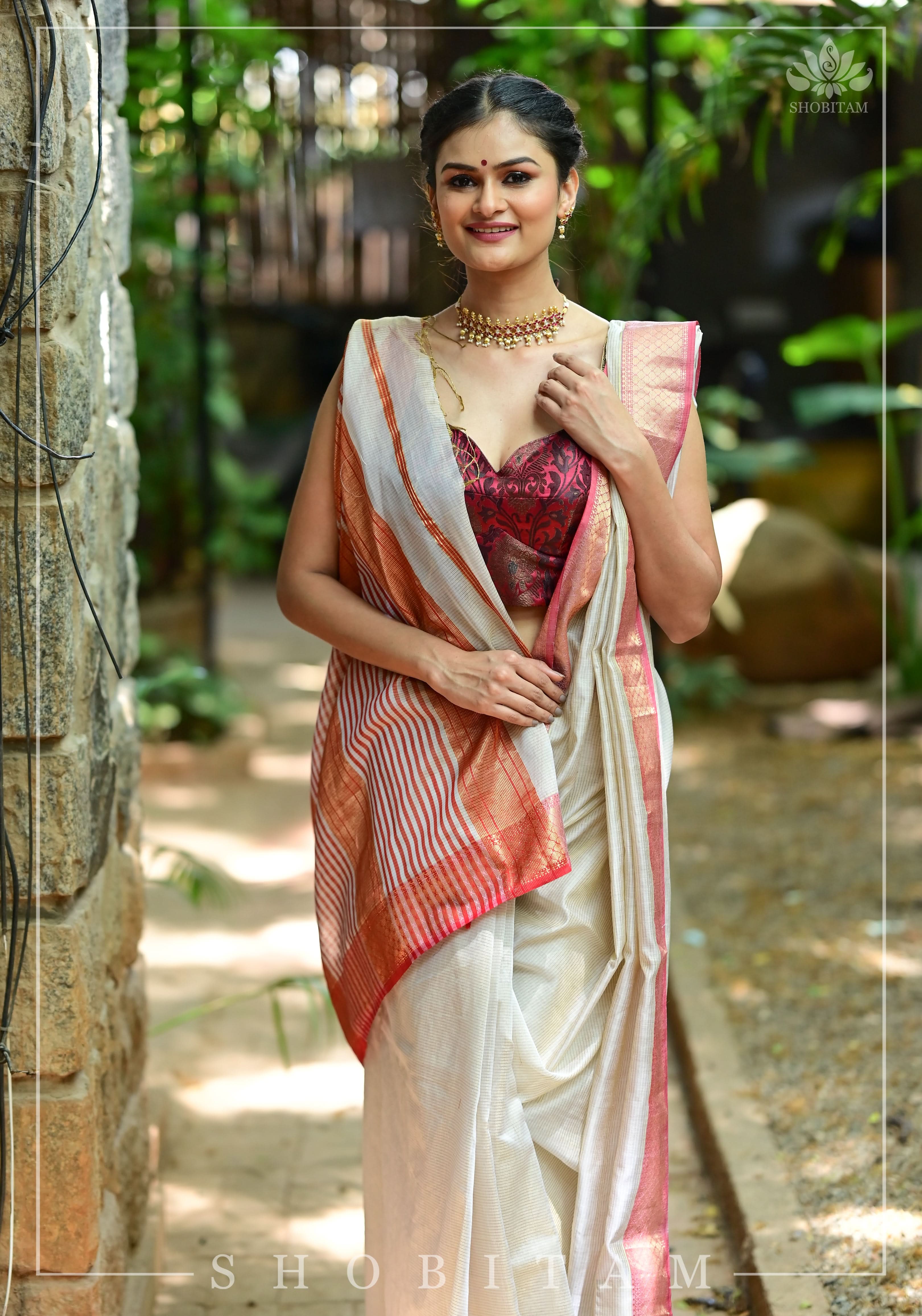 Tissue Stripes on Silk-Cotton Pure Maheshwari Saree in Off White and Soft Red! | Shobitam