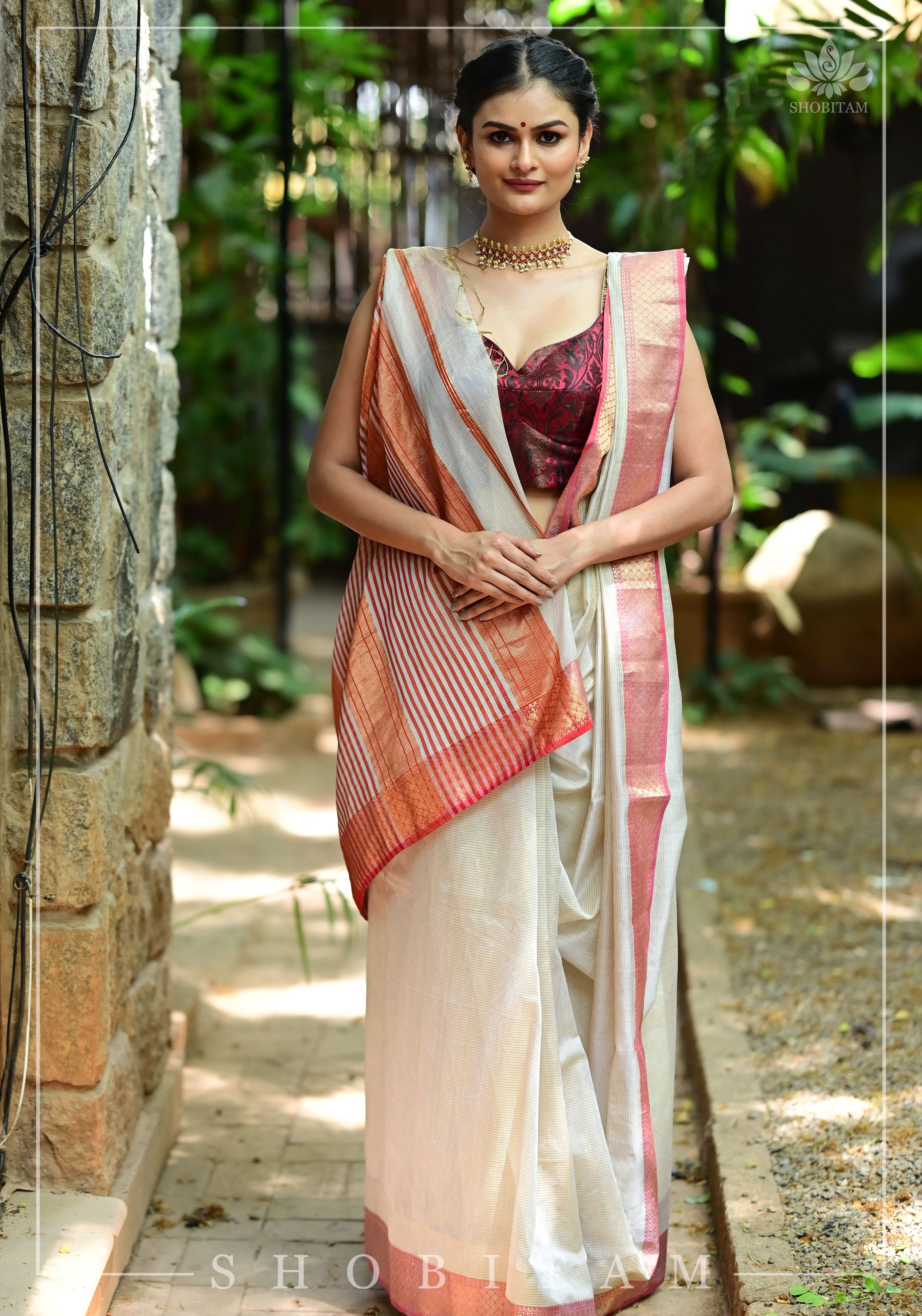 Tissue Stripes on Silk-Cotton Pure Maheshwari Saree in Off White and Soft Red! | Shobitam