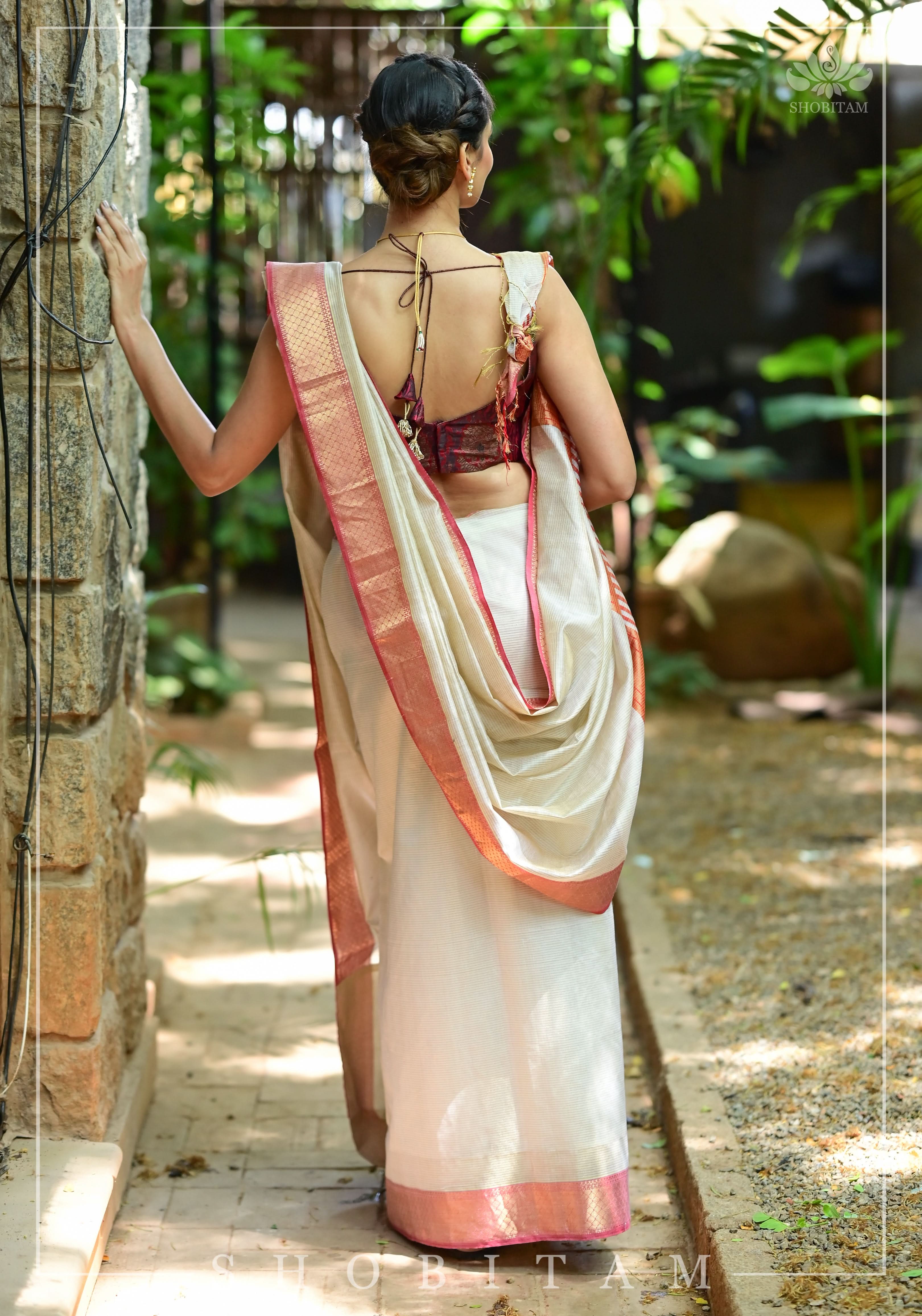 Tissue Stripes on Silk-Cotton Pure Maheshwari Saree in Off White and Soft Red! | Shobitam