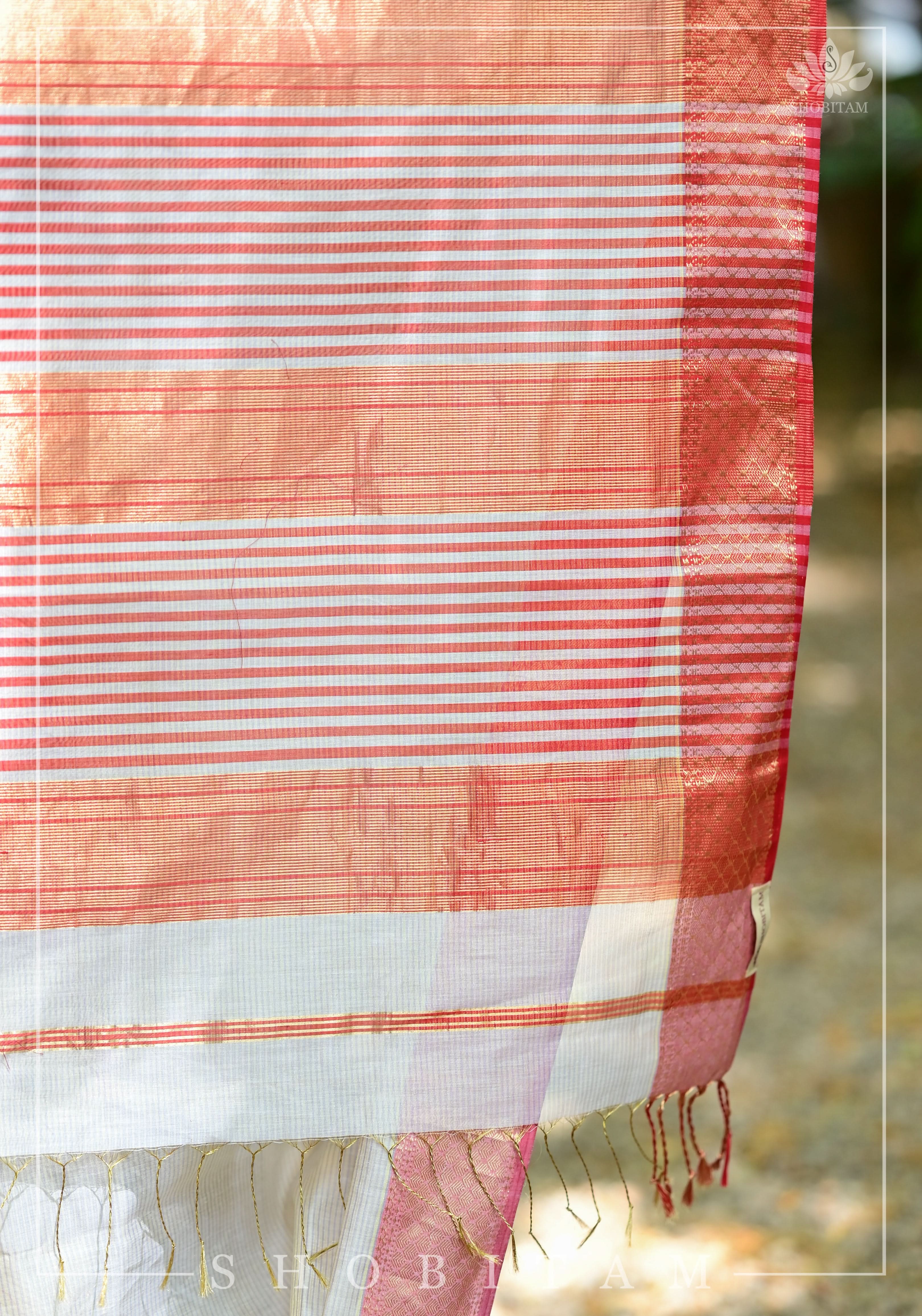 Tissue Stripes on Silk-Cotton Pure Maheshwari Saree in Off White and Soft Red! | Shobitam