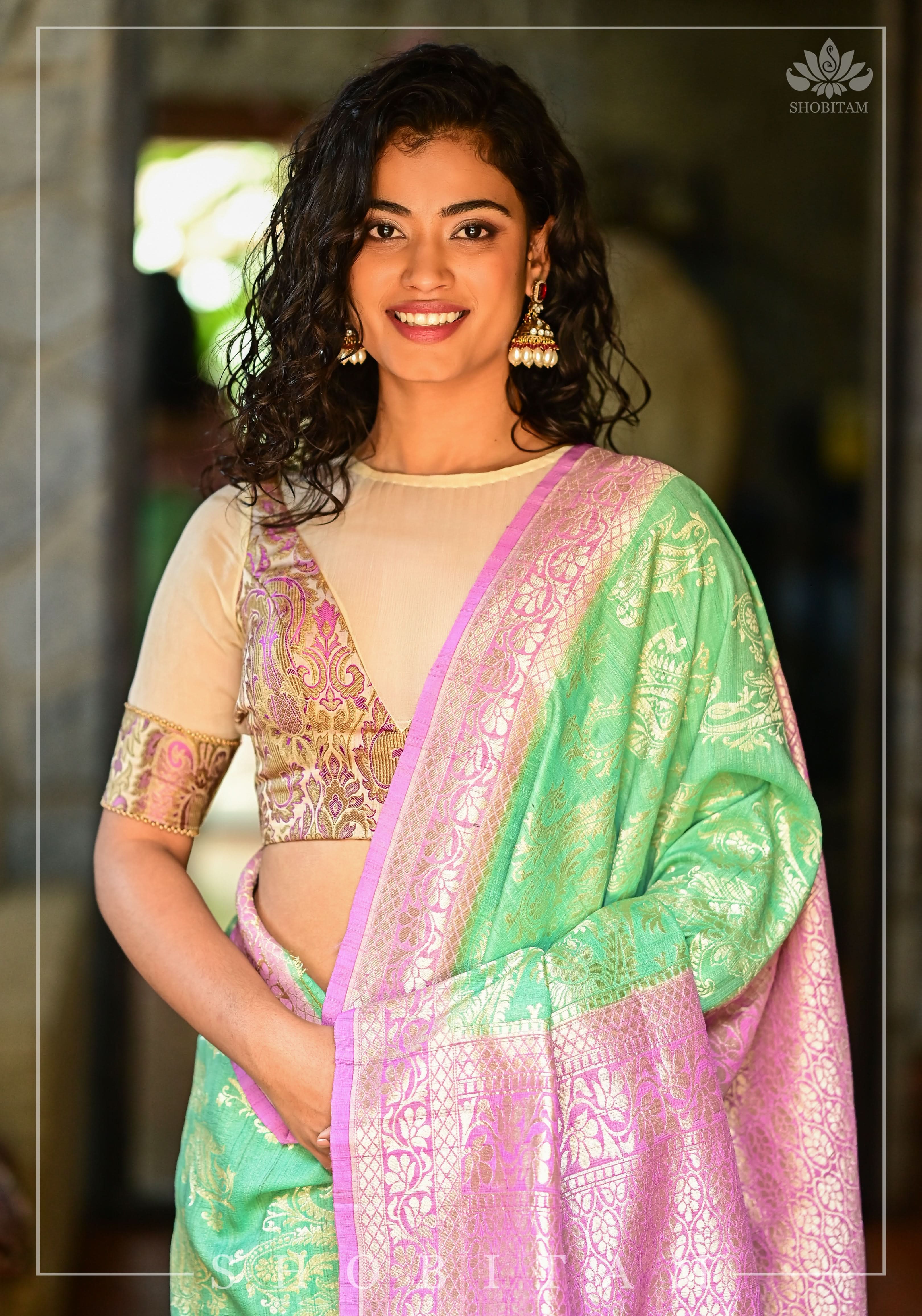 Purple Banarasi Blouse with sheer yoke, back and sleeves in beige net | Shobitam