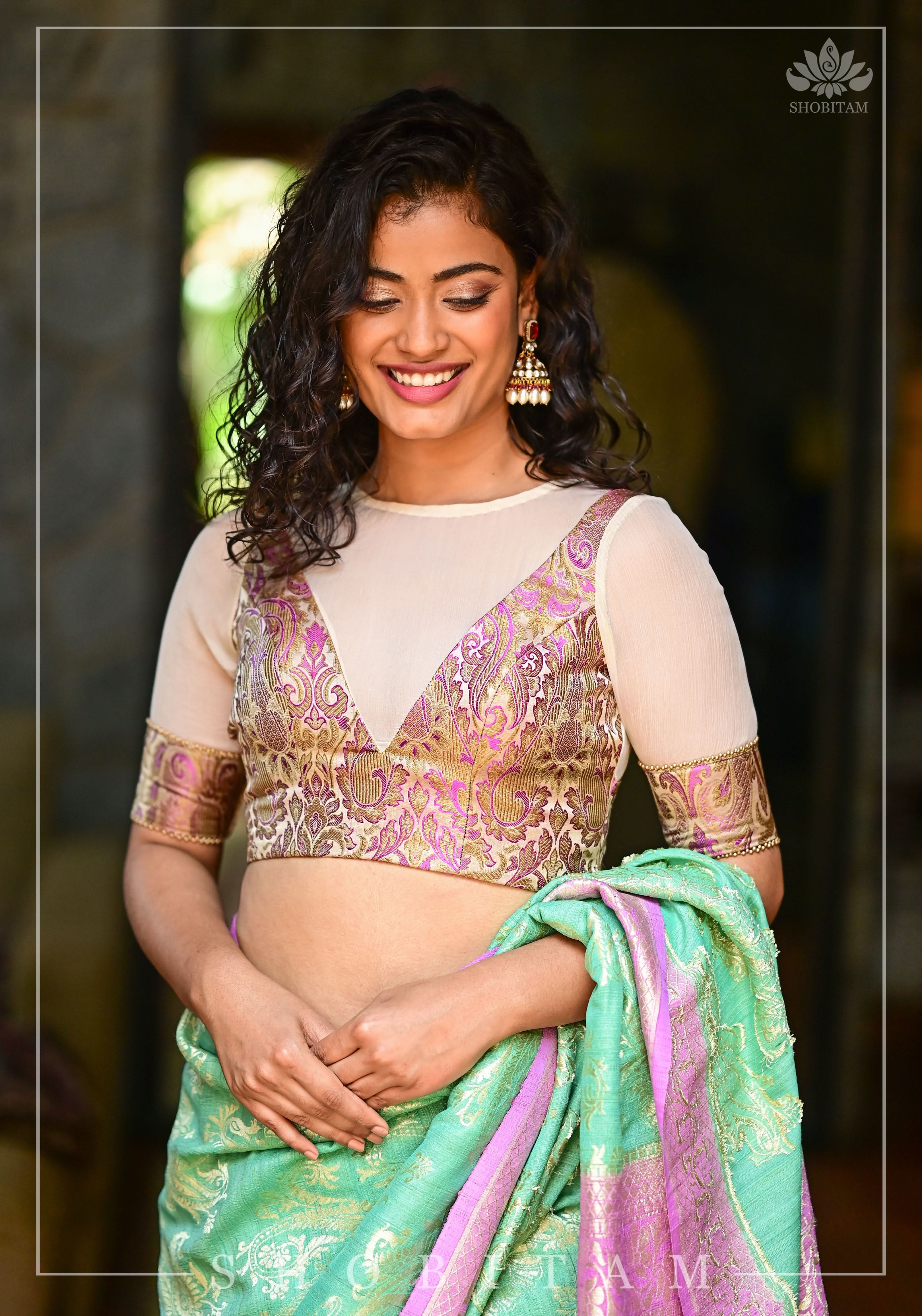 Purple Banarasi Blouse with sheer yoke, back and sleeves in beige net | Shobitam