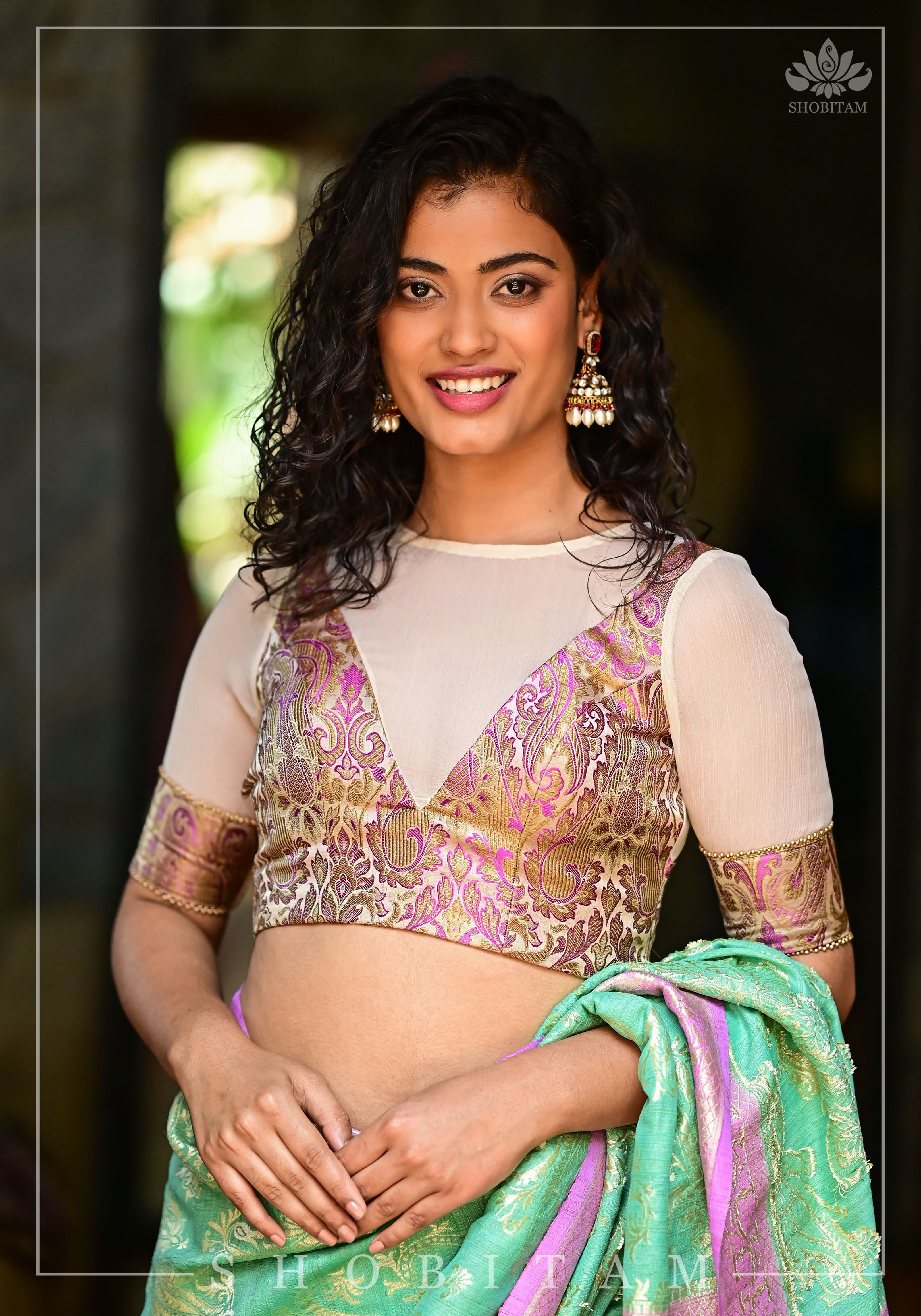 Purple Banarasi Blouse with sheer yoke, back and sleeves in beige net | Shobitam