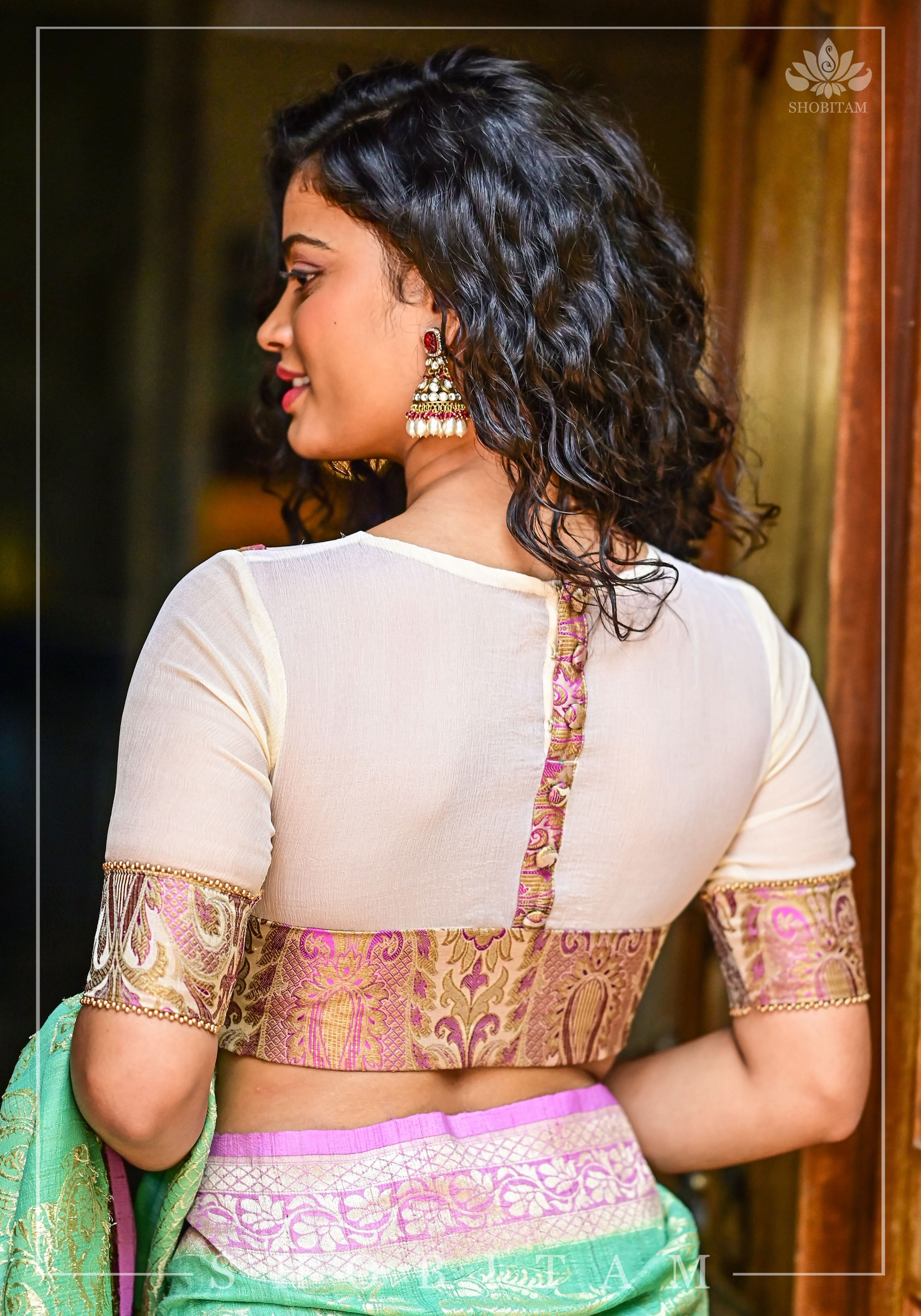 Purple Banarasi Blouse with sheer yoke, back and sleeves in beige net | Shobitam