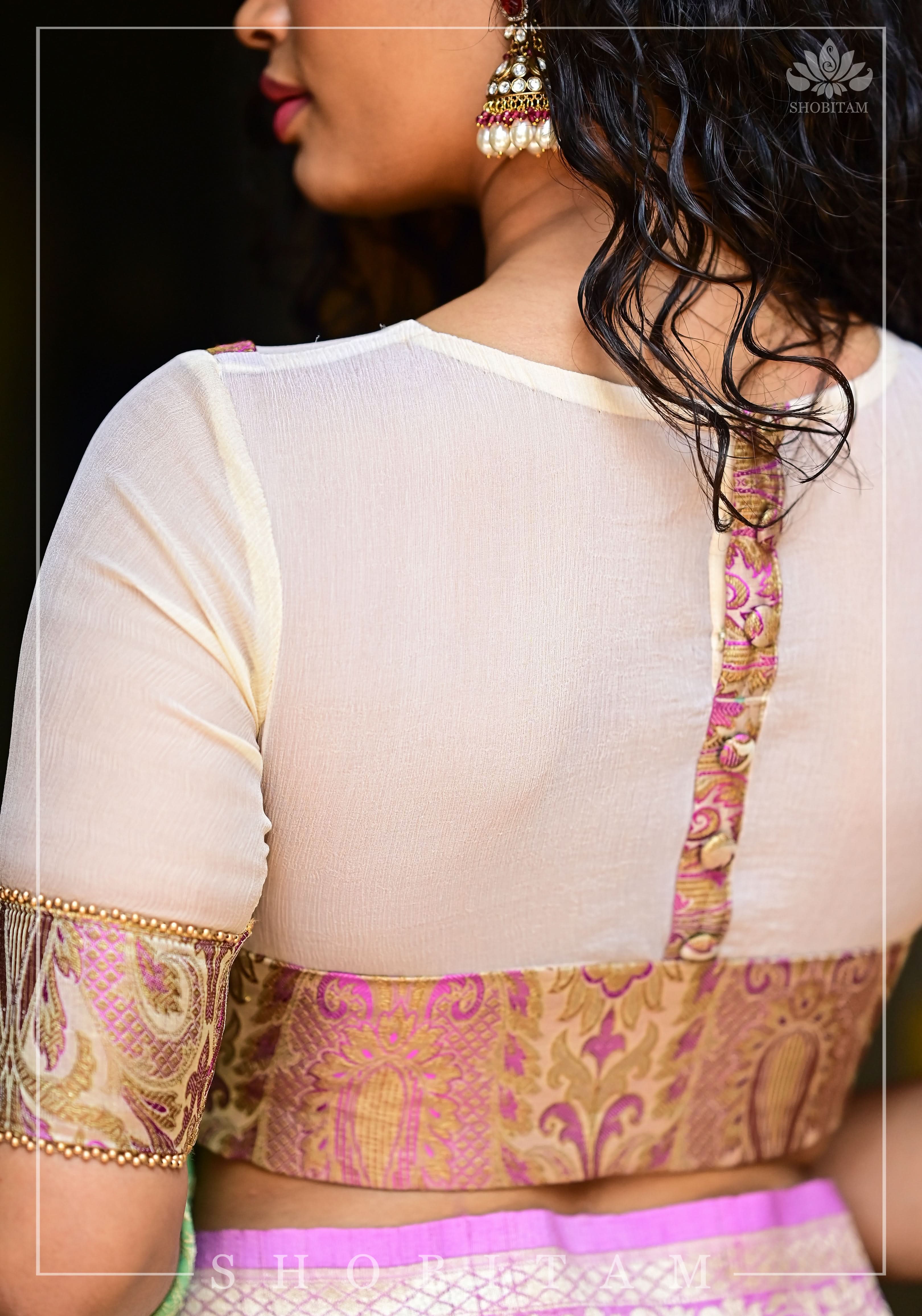 Purple Banarasi Blouse with sheer yoke, back and sleeves in beige net | Shobitam