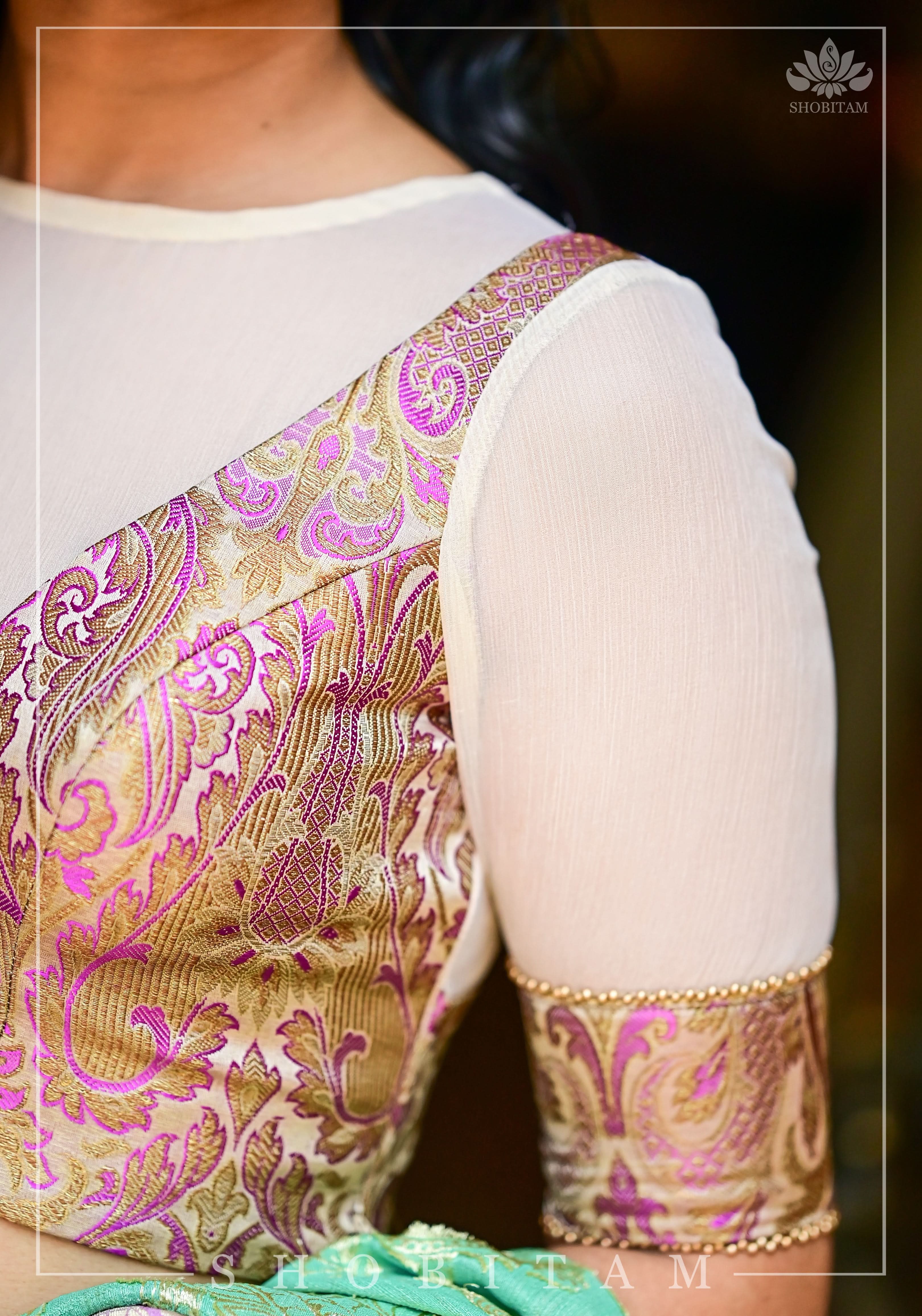 Purple Banarasi Blouse with sheer yoke, back and sleeves in beige net | Shobitam