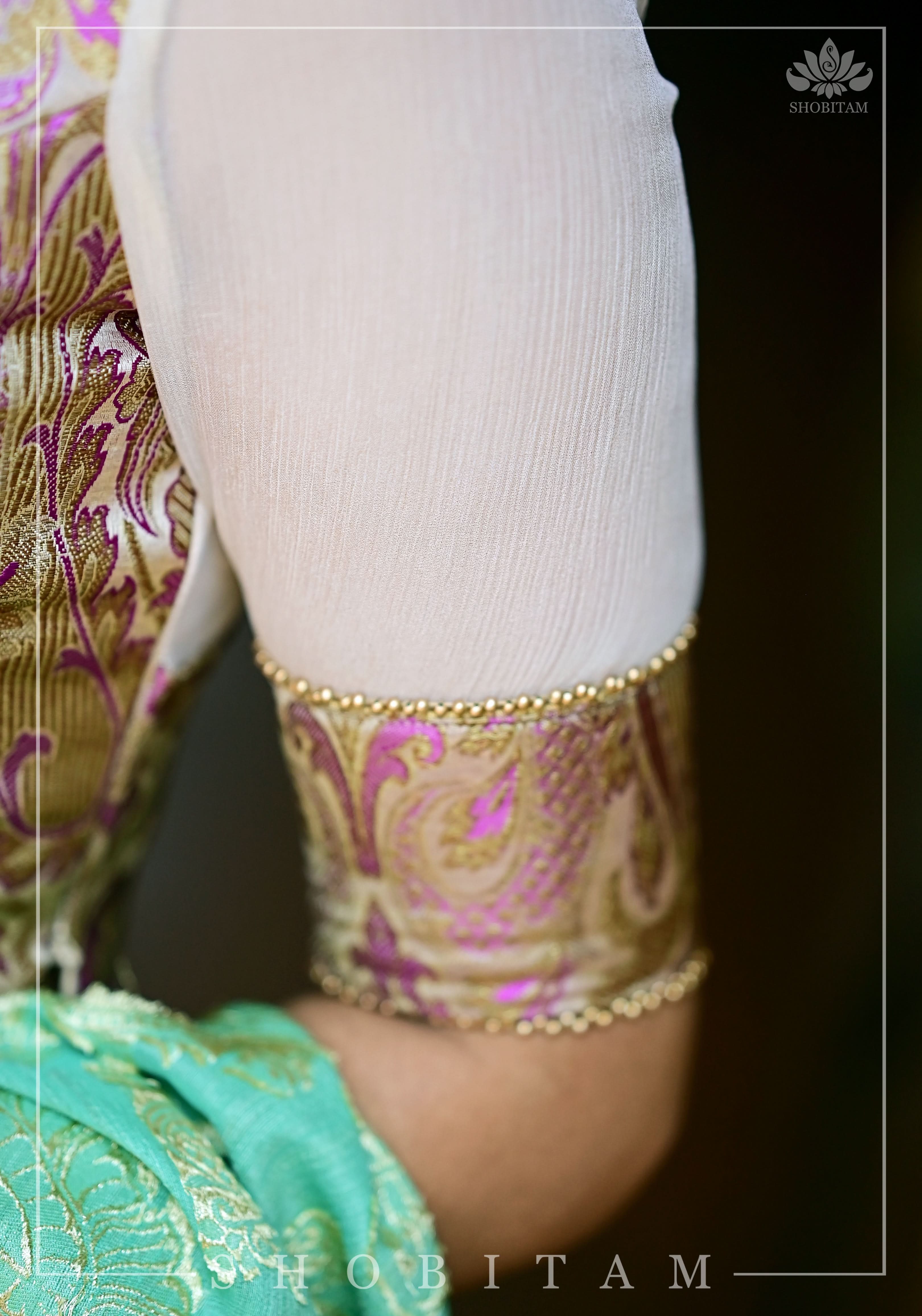 Purple Banarasi Blouse with sheer yoke, back and sleeves in beige net | Shobitam
