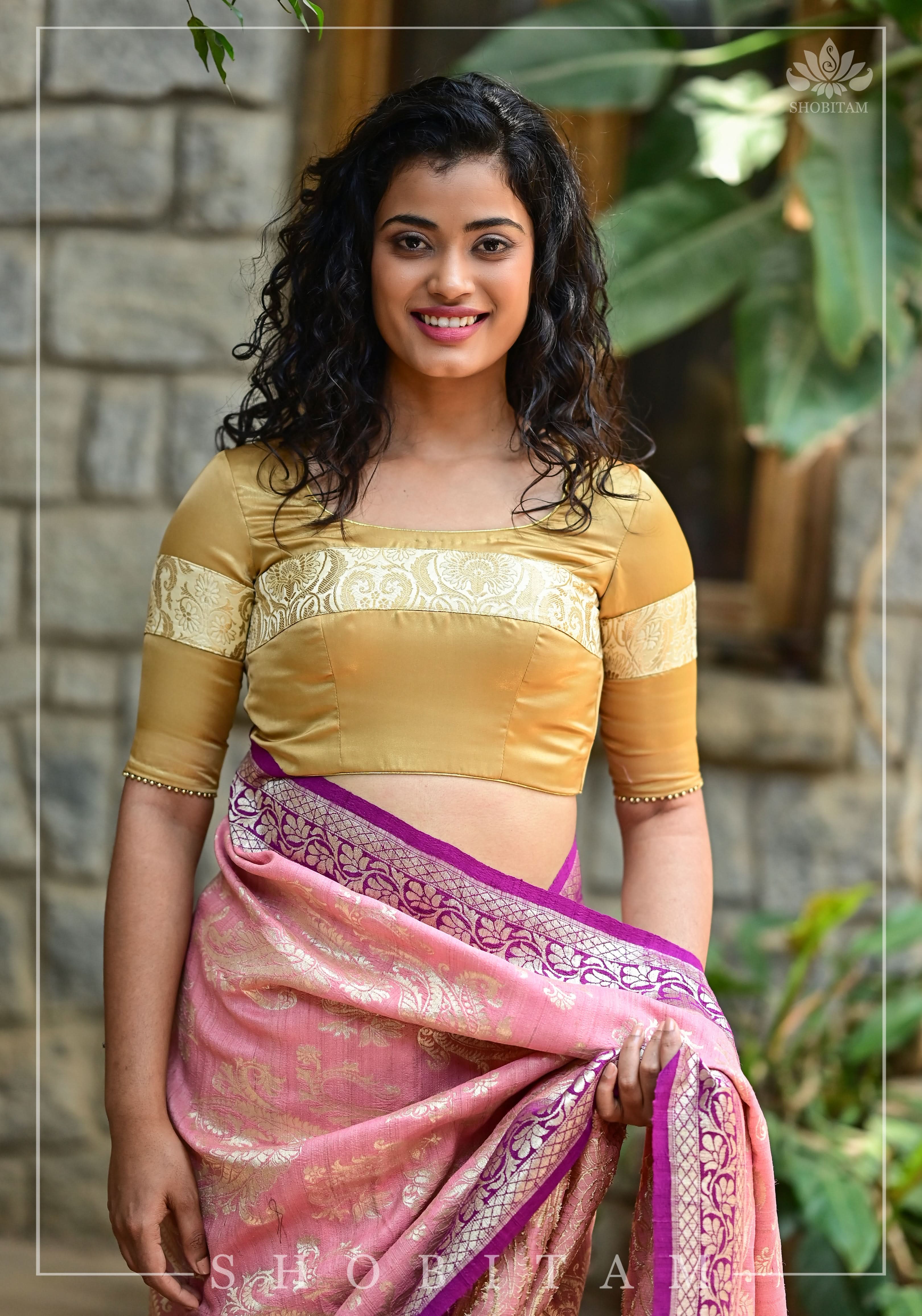 Gold tone Blouse with Tan Banarasi band and keyhole back | Shobitam