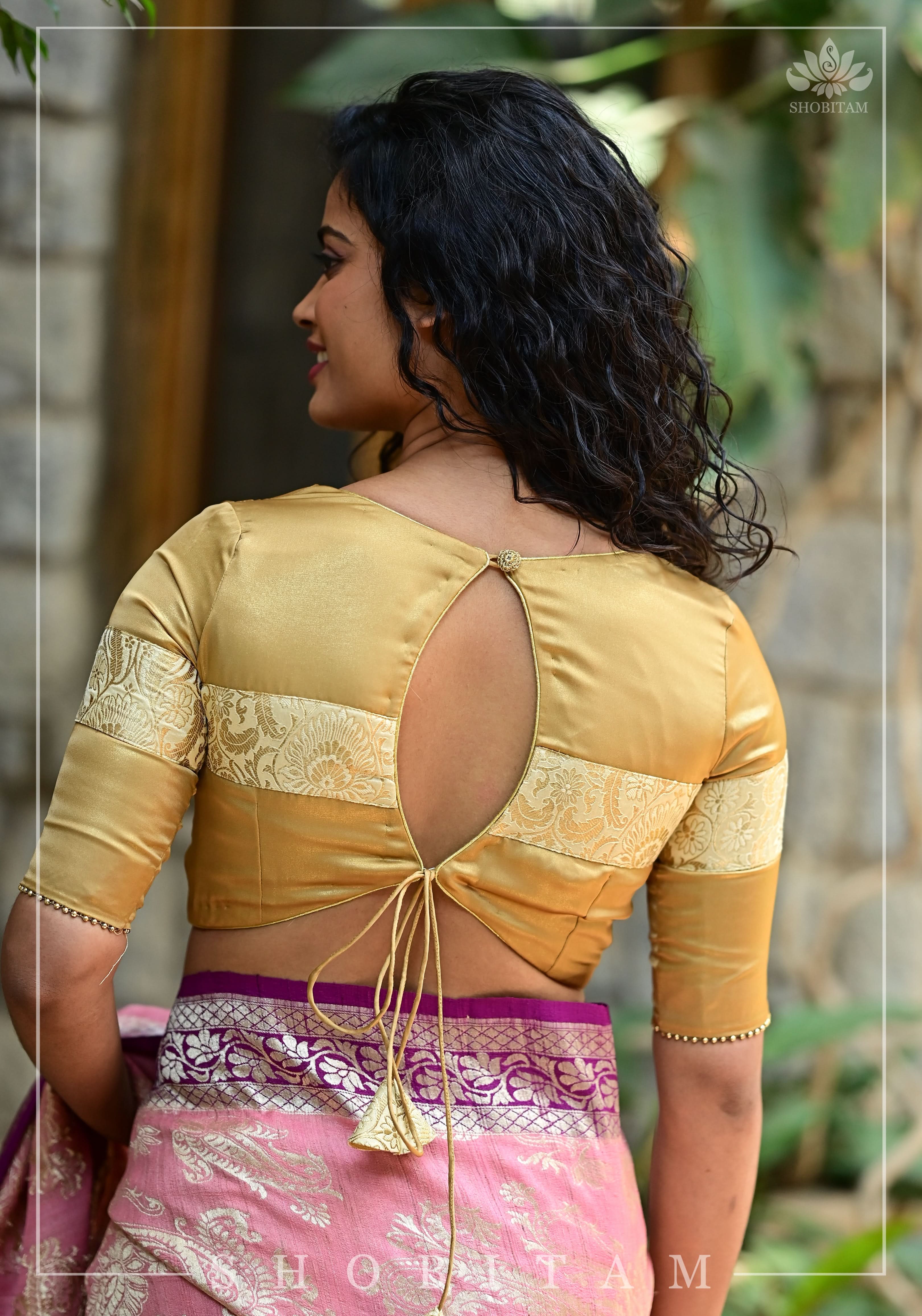 Gold tone Blouse with Tan Banarasi band and keyhole back | Shobitam