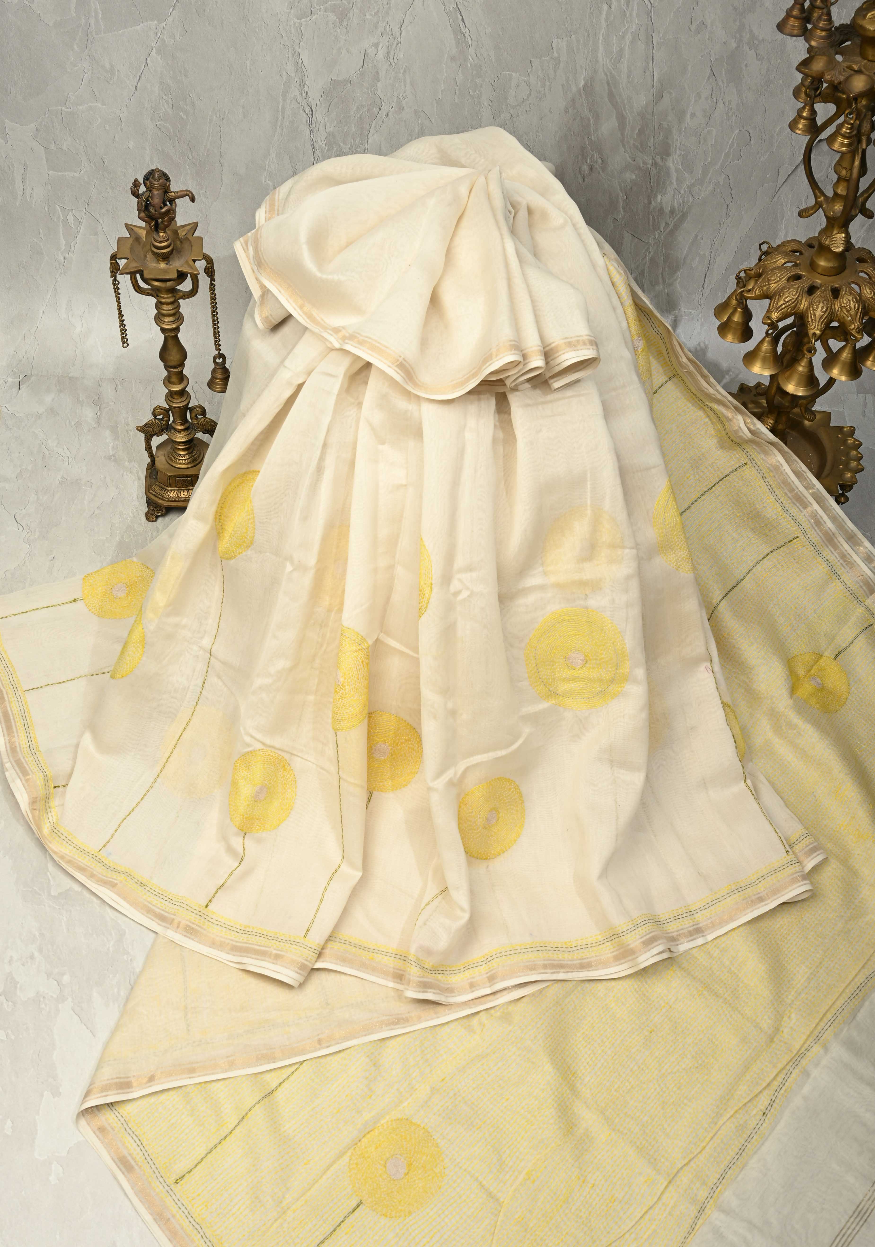 Ivory Sunflower theme chanderi silk sareee With Sujni Embrideory with Minimal Zari Border | SHOBITAM