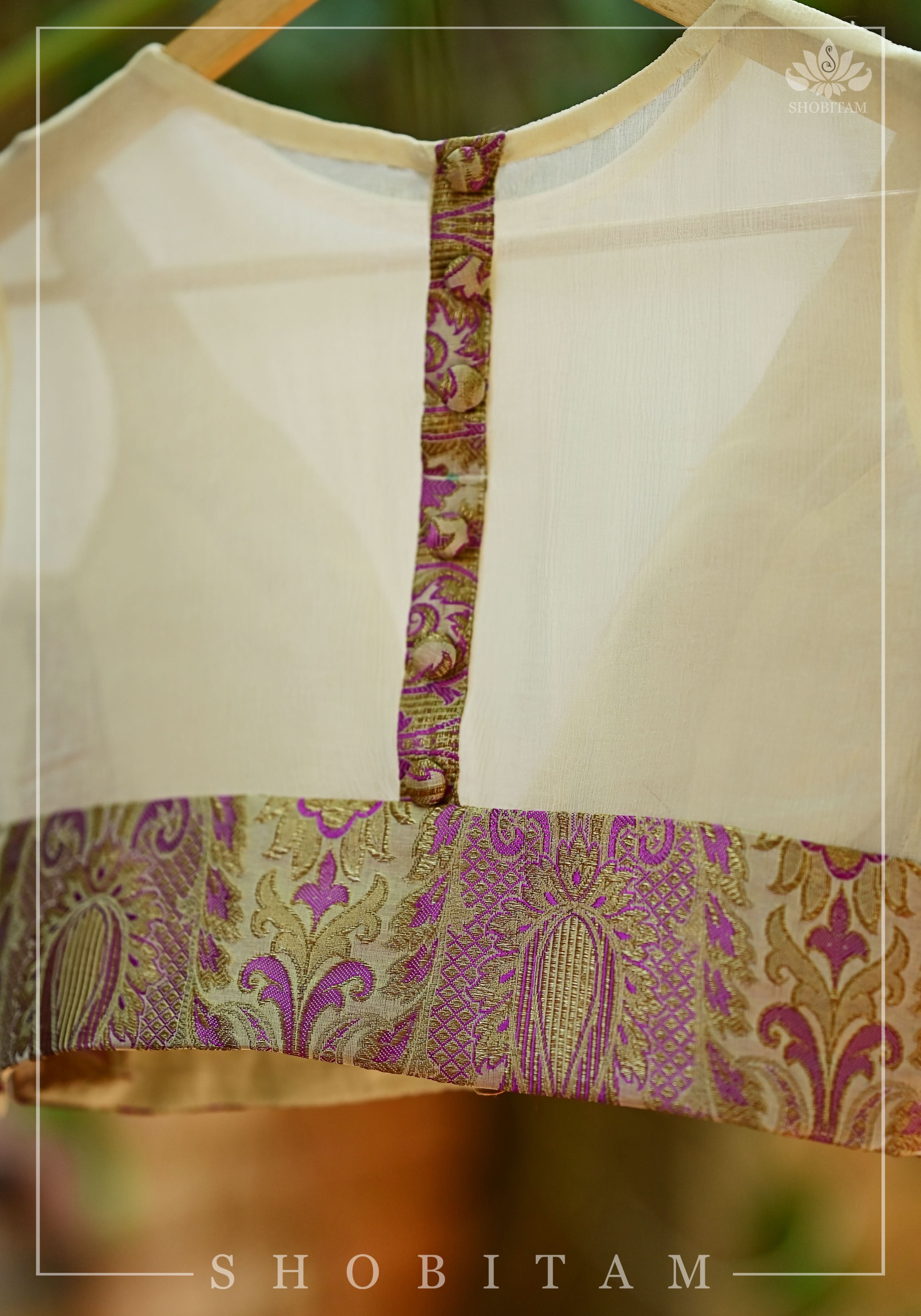 Purple Banarasi Blouse with sheer yoke, back and sleeves in beige net | Shobitam