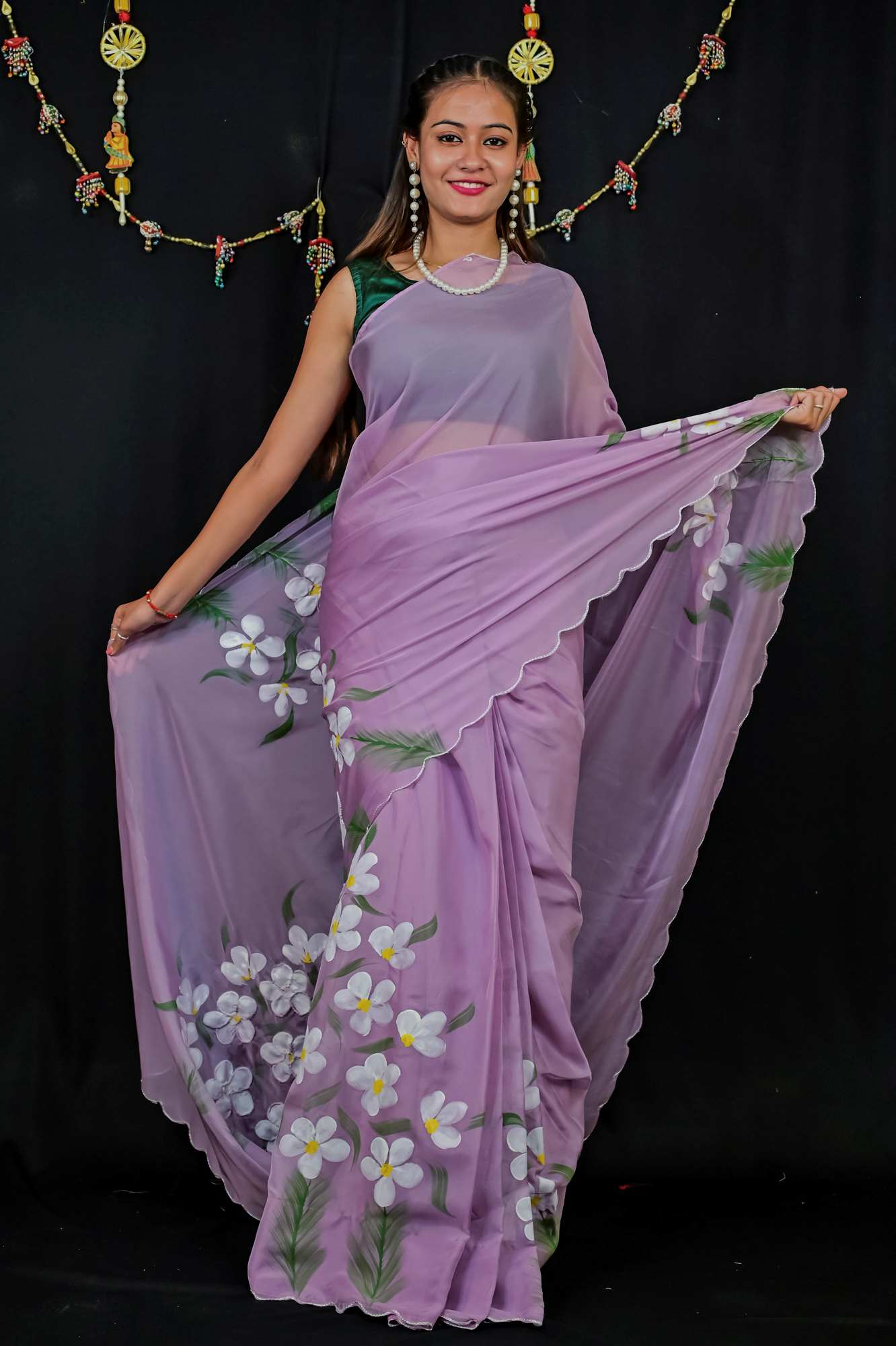 Soft Chiffon Silk with Floral Handwork & Scalloped Border Ready To Wear Saree