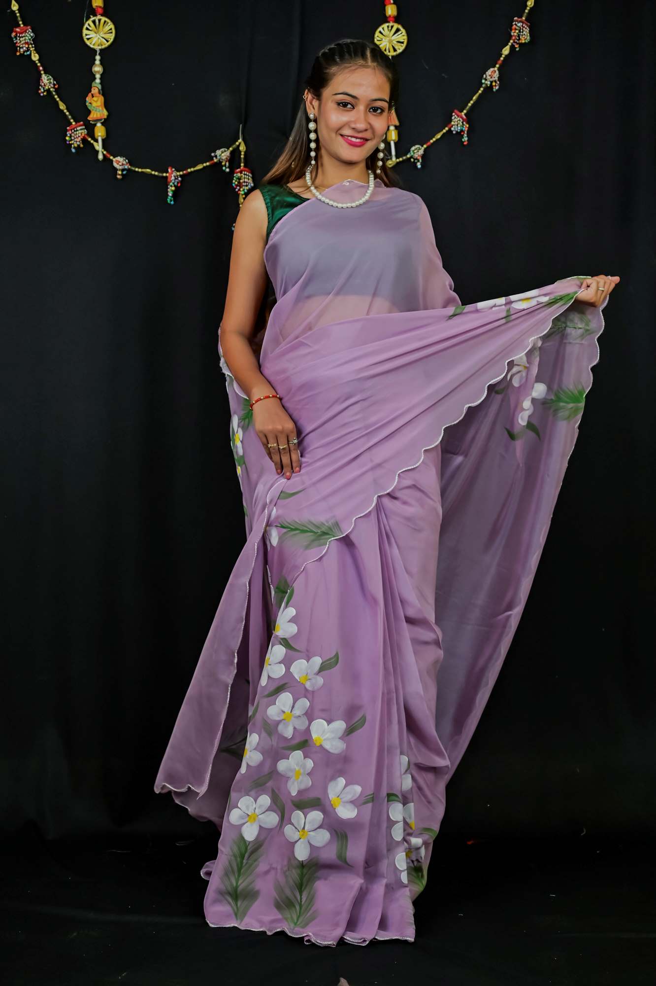 Soft Chiffon Silk with Floral Handwork & Scalloped Border Ready To Wear Saree