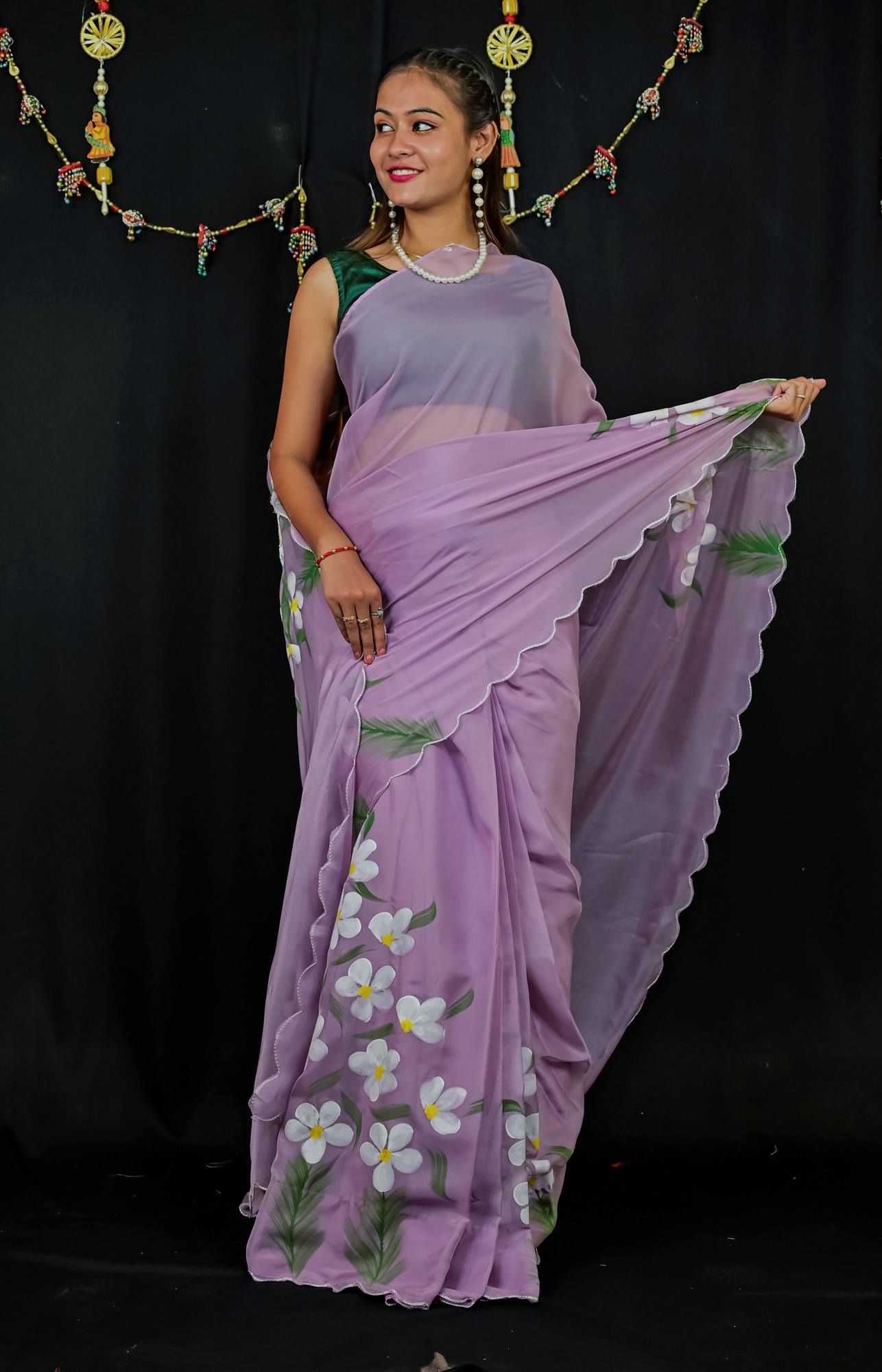 Soft Chiffon Silk with Floral Handwork & Scalloped Border Ready To Wear Saree