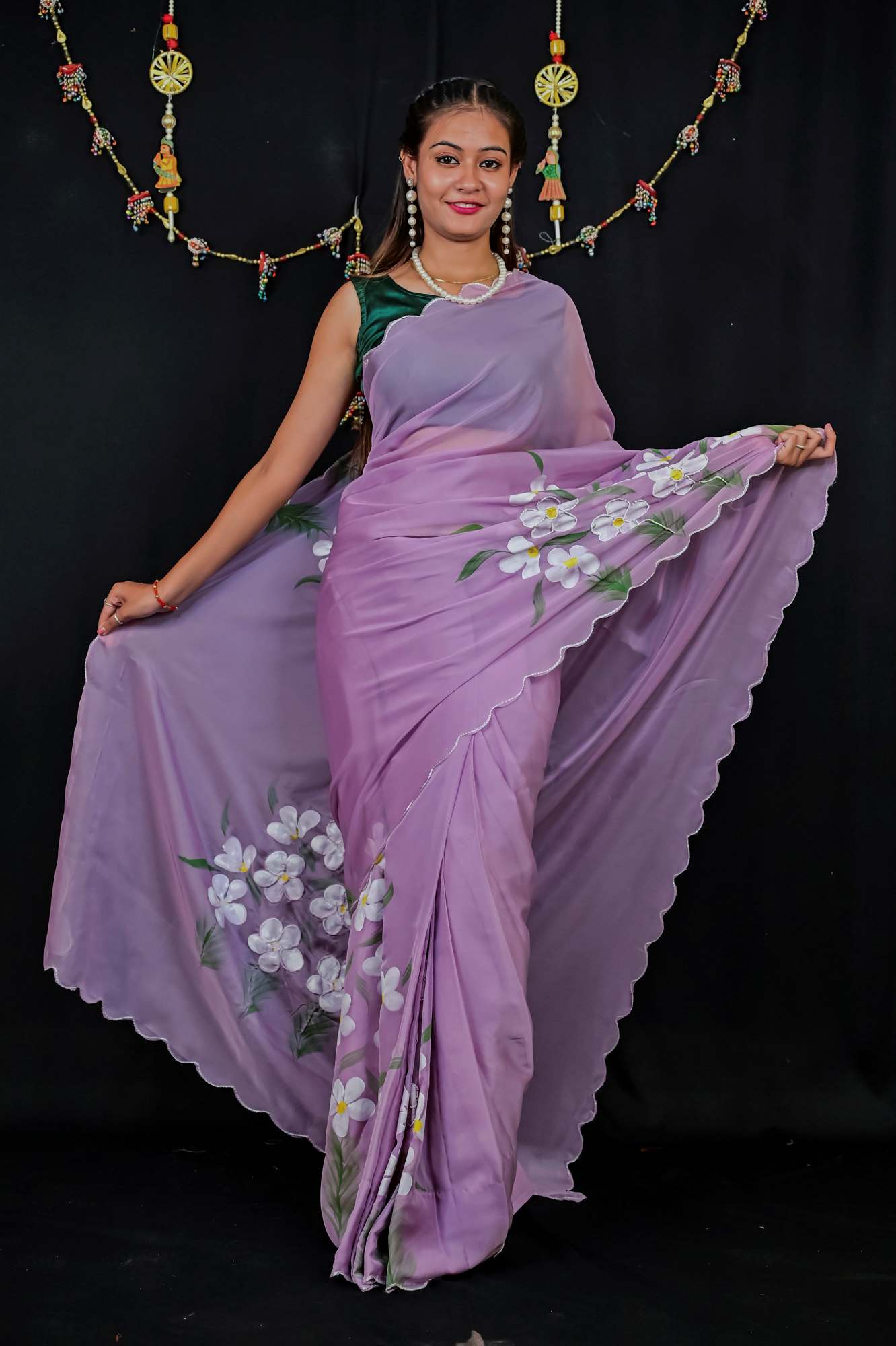 Soft Chiffon Silk with Floral Handwork & Scalloped Border Ready To Wear Saree