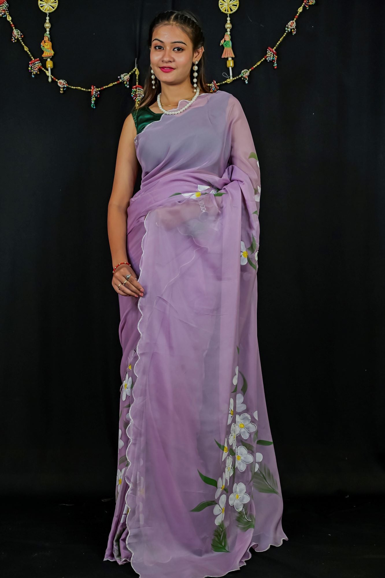 Soft Chiffon Silk with Floral Handwork & Scalloped Border Ready To Wear Saree