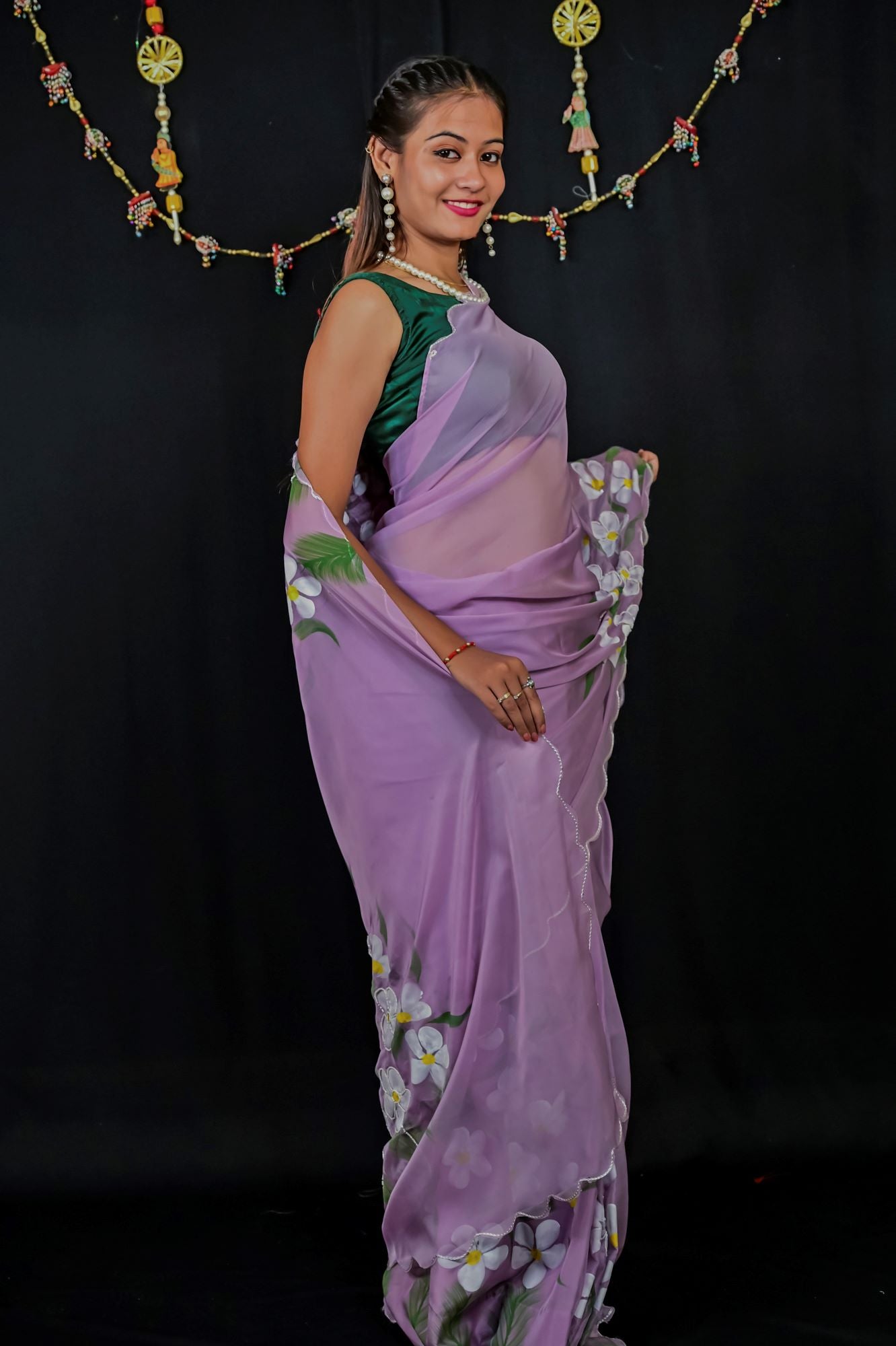 Soft Chiffon Silk with Floral Handwork & Scalloped Border Ready To Wear Saree