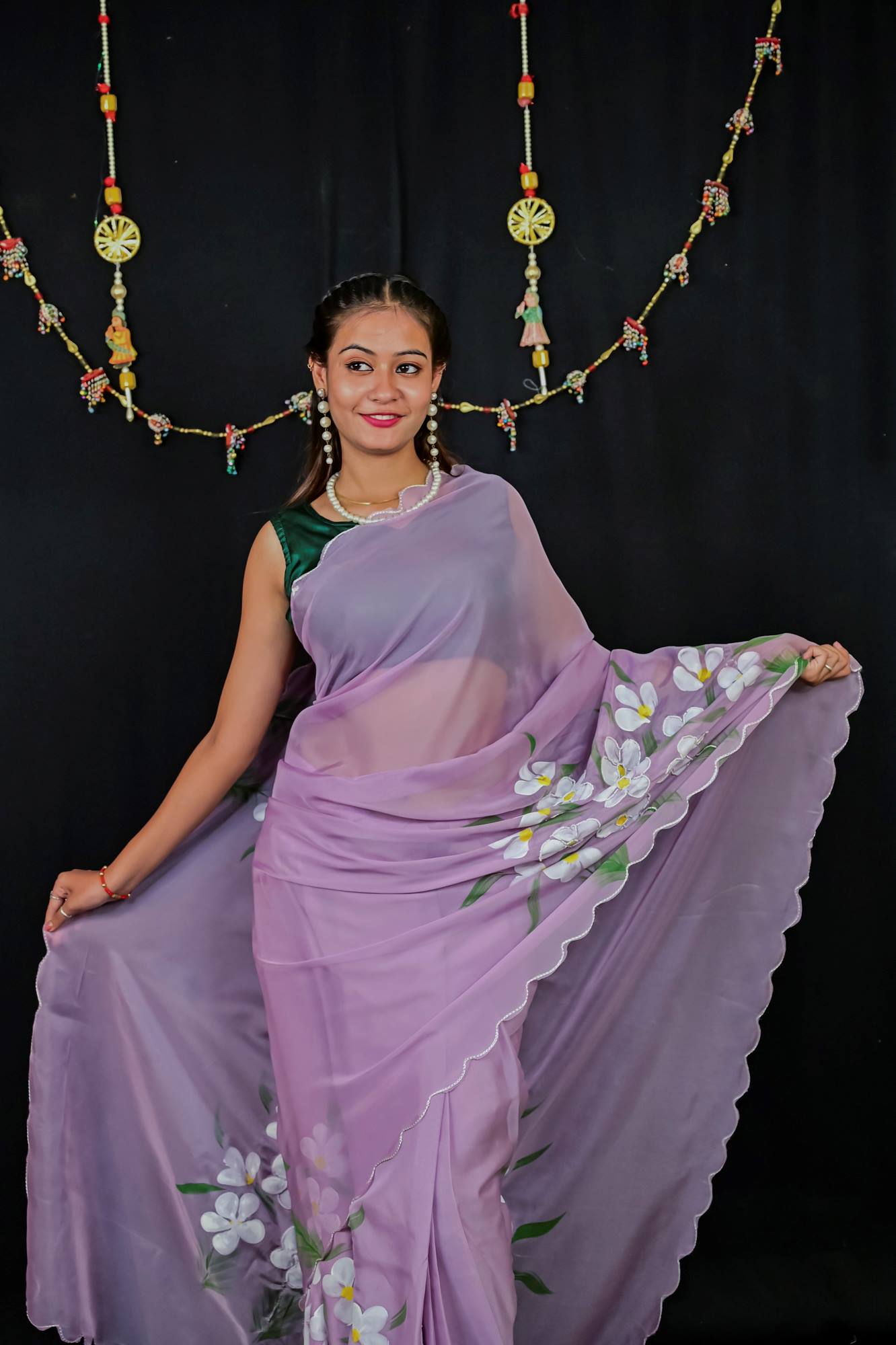 Soft Chiffon Silk with Floral Handwork & Scalloped Border Ready To Wear Saree