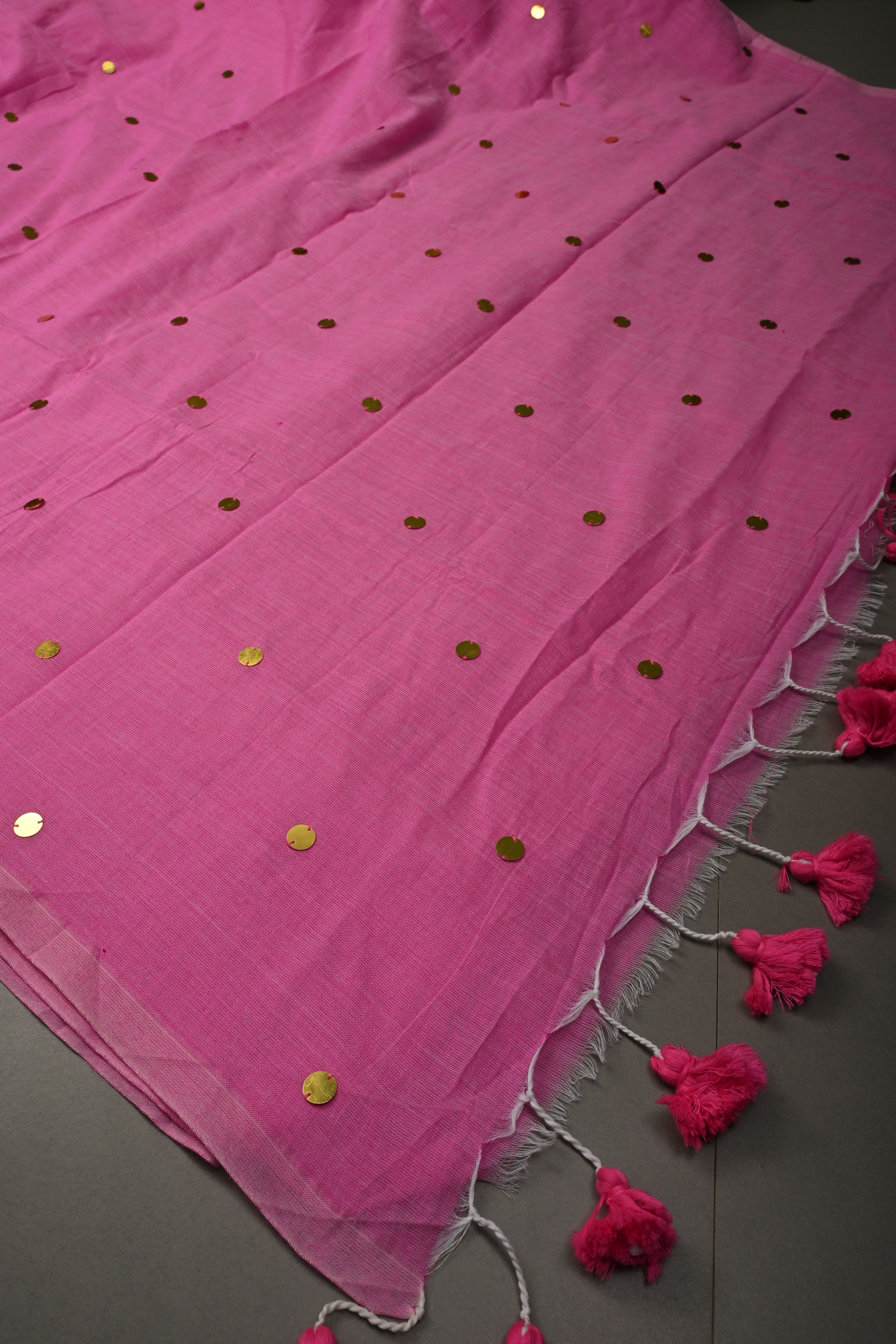French Rose Mercerized Mul Cotton Saree with Tikki Work and Long Tassels, No Blouse Piece | Shobitam
