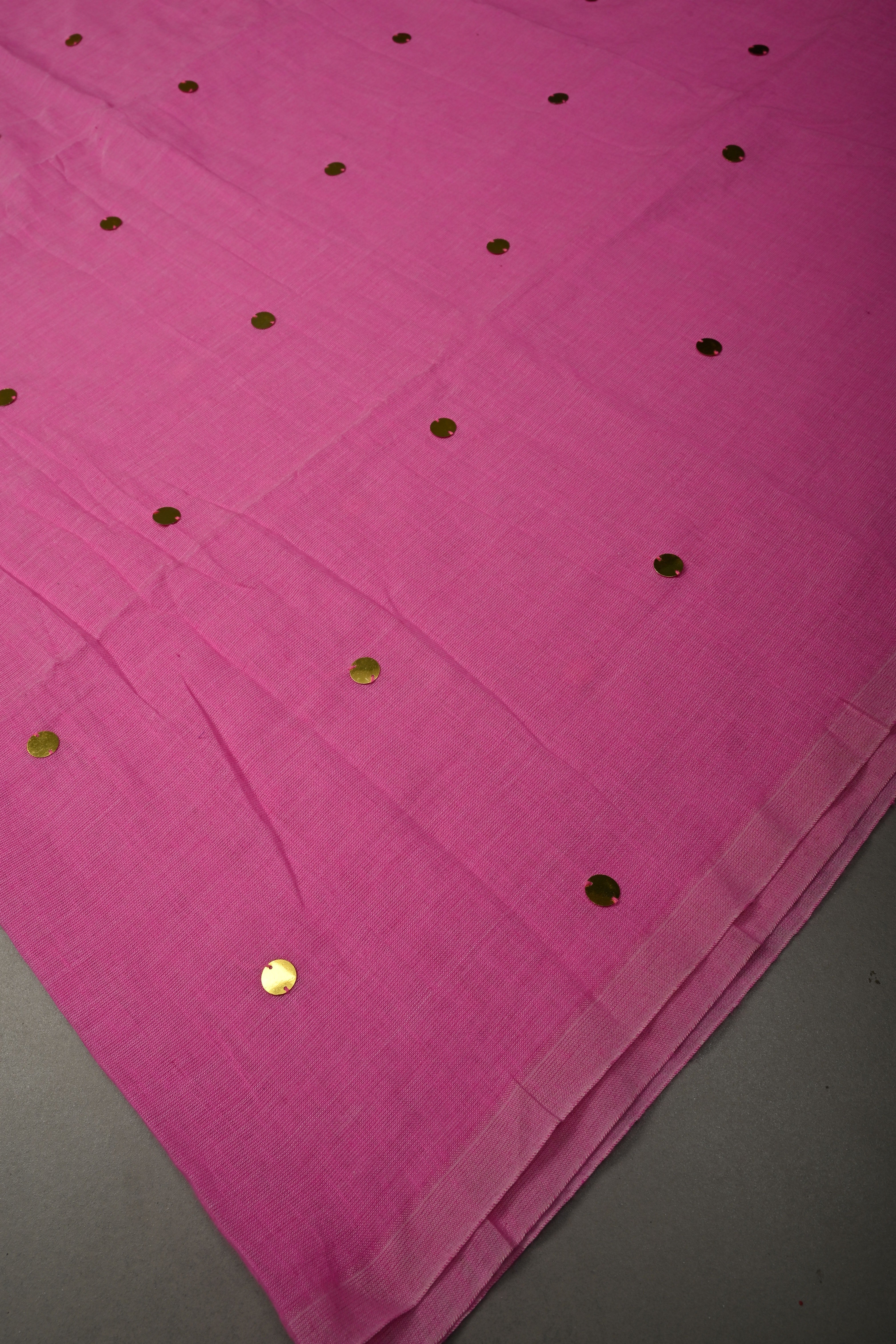 French Rose Mercerized Mul Cotton Saree with Tikki Work and Long Tassels, No Blouse Piece | Shobitam