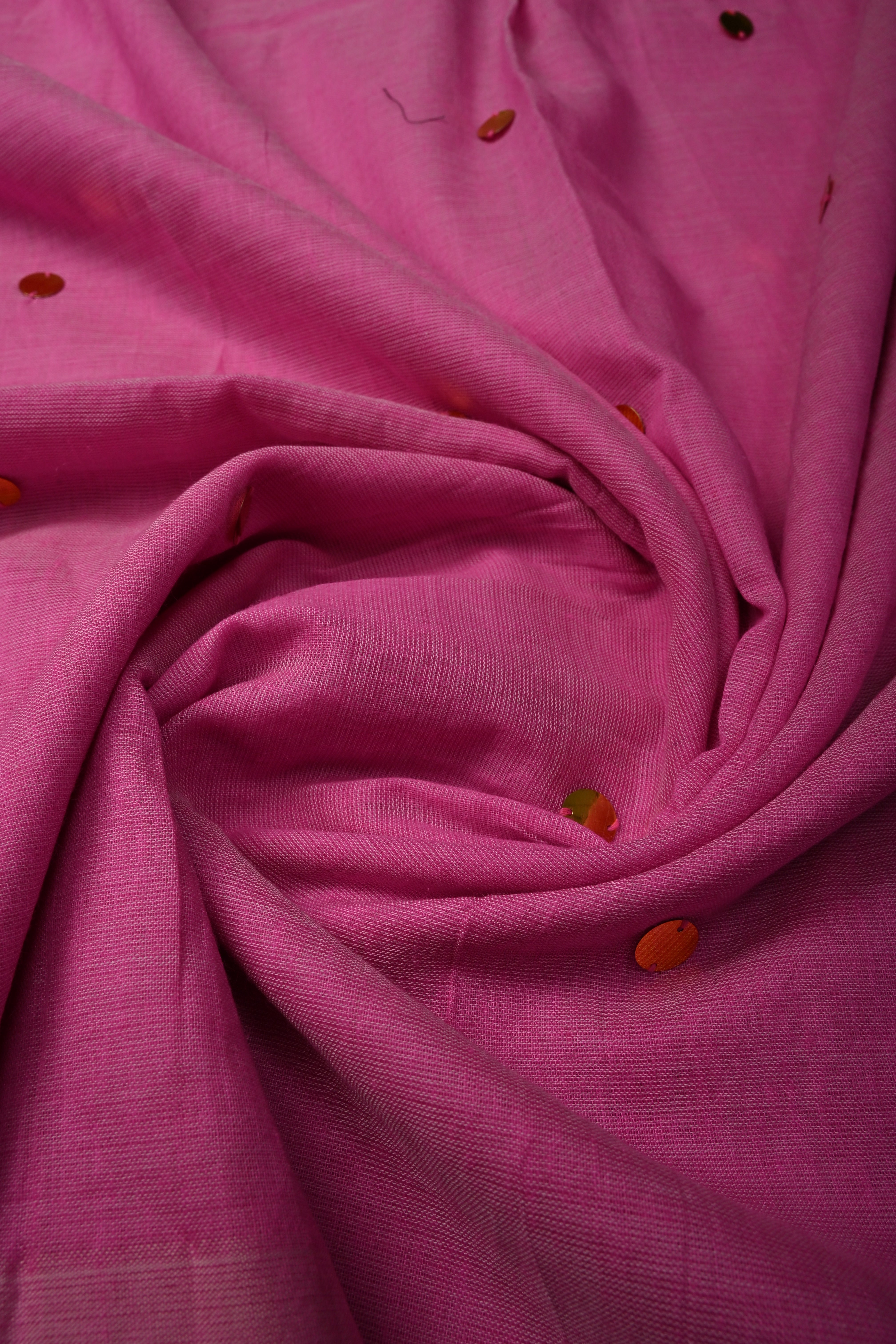 French Rose Mercerized Mul Cotton Saree with Tikki Work and Long Tassels, No Blouse Piece | Shobitam