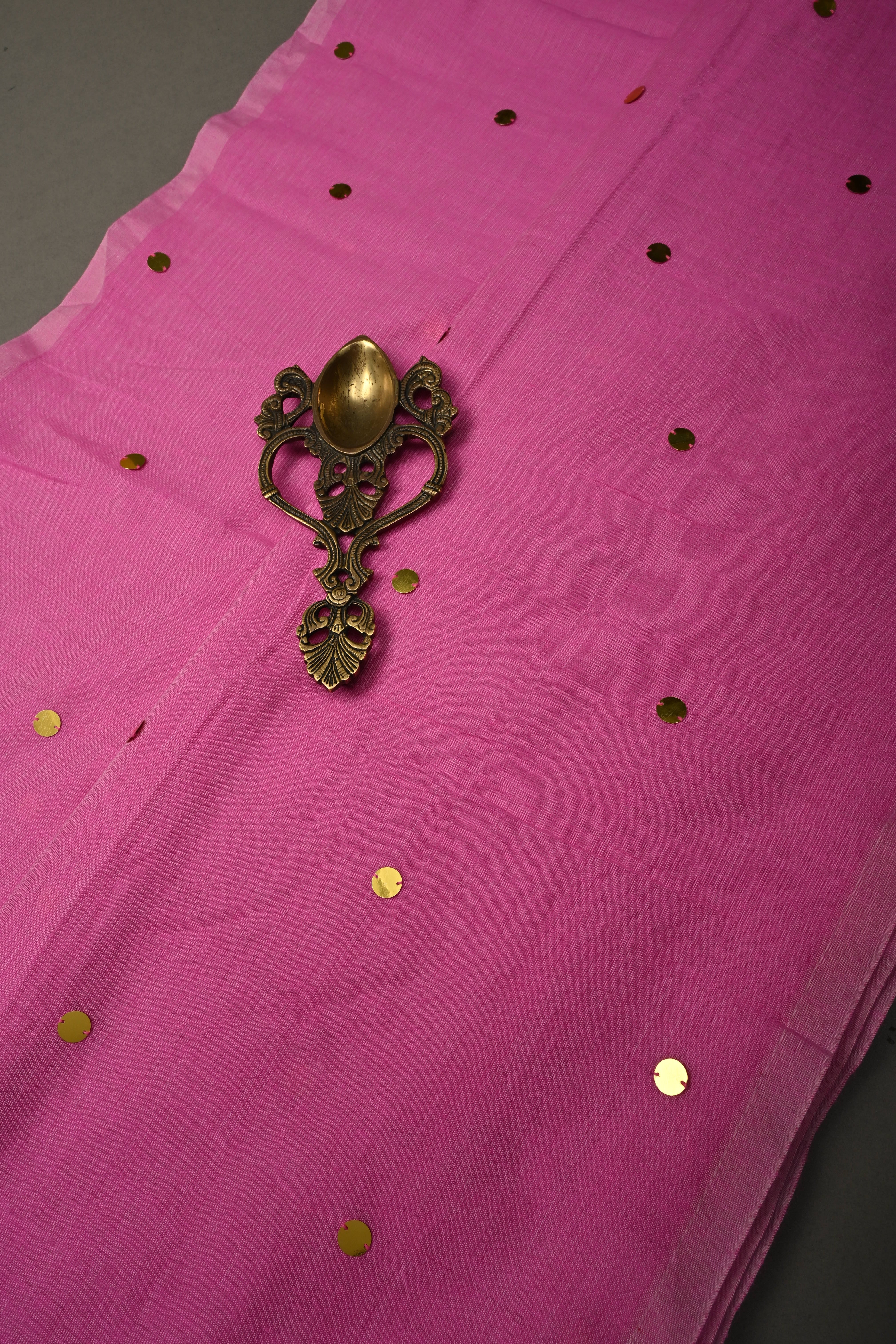 French Rose Mercerized Mul Cotton Saree with Tikki Work and Long Tassels, No Blouse Piece | Shobitam