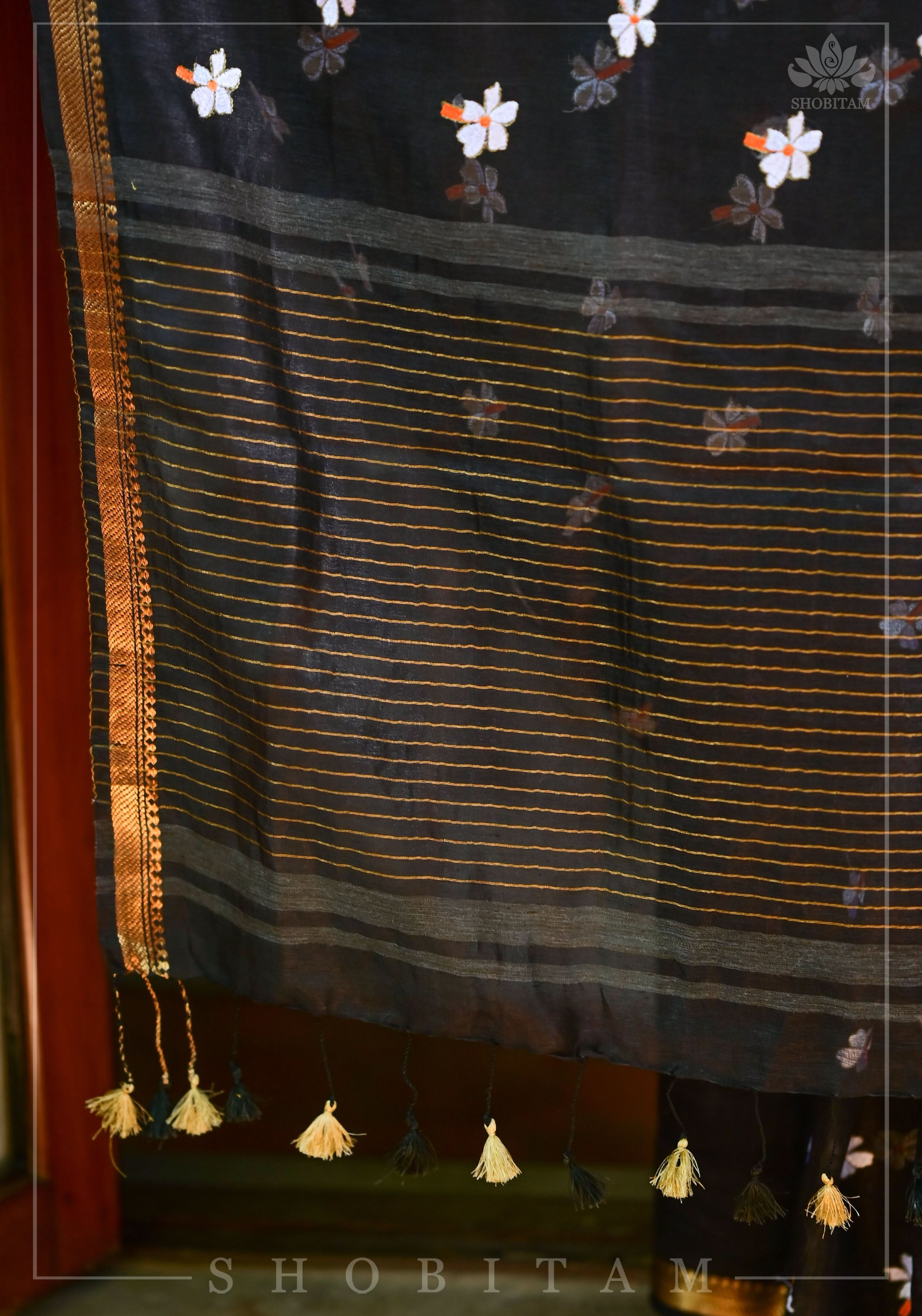 Parijaat - The Eternal Flower : Embroidery on Black Silk Linen Saree | Shobitam