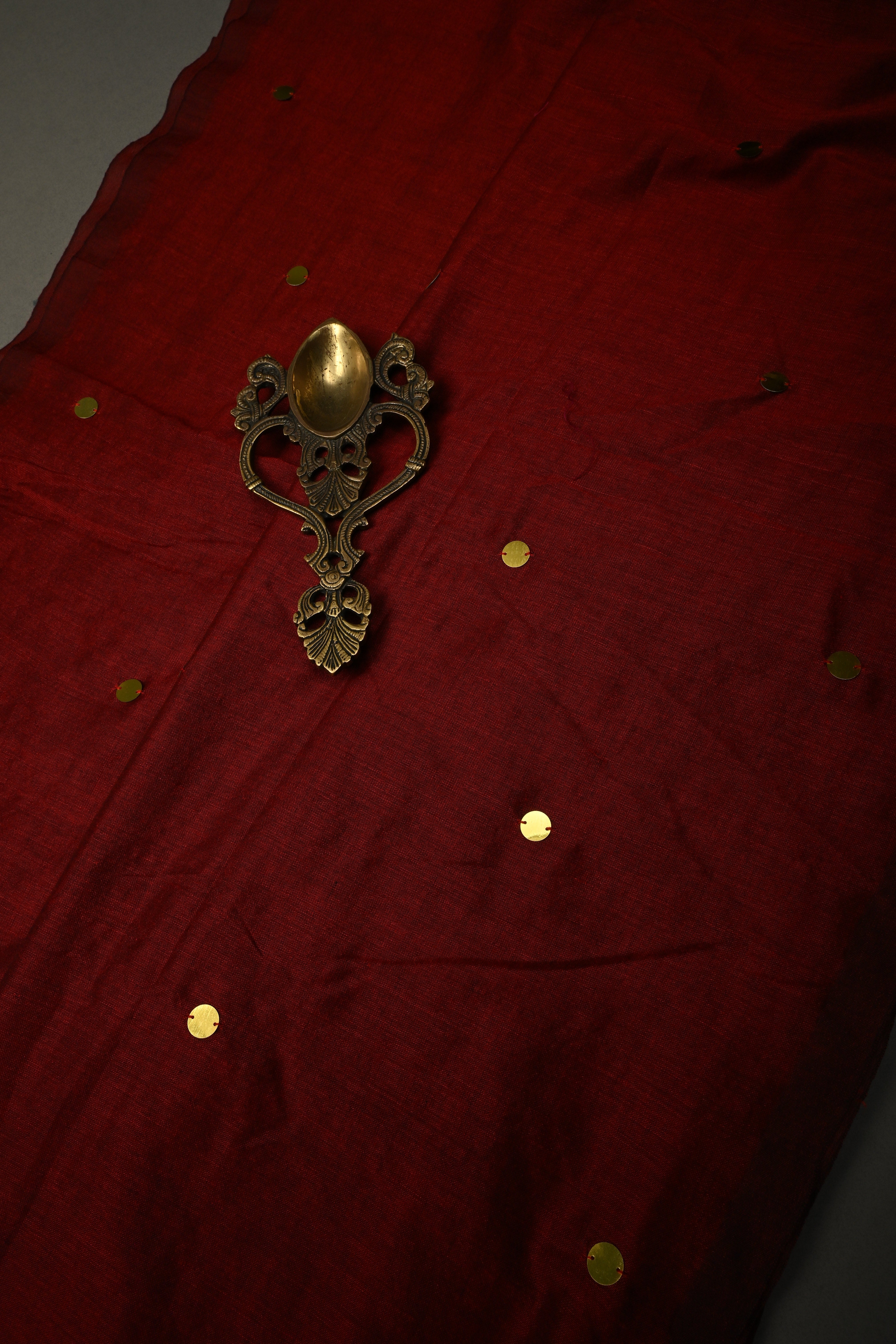 Maroon Mercerized Mul Cotton saree in With Tikki work and Long Tassels, No Blouse Piece | Shobitam