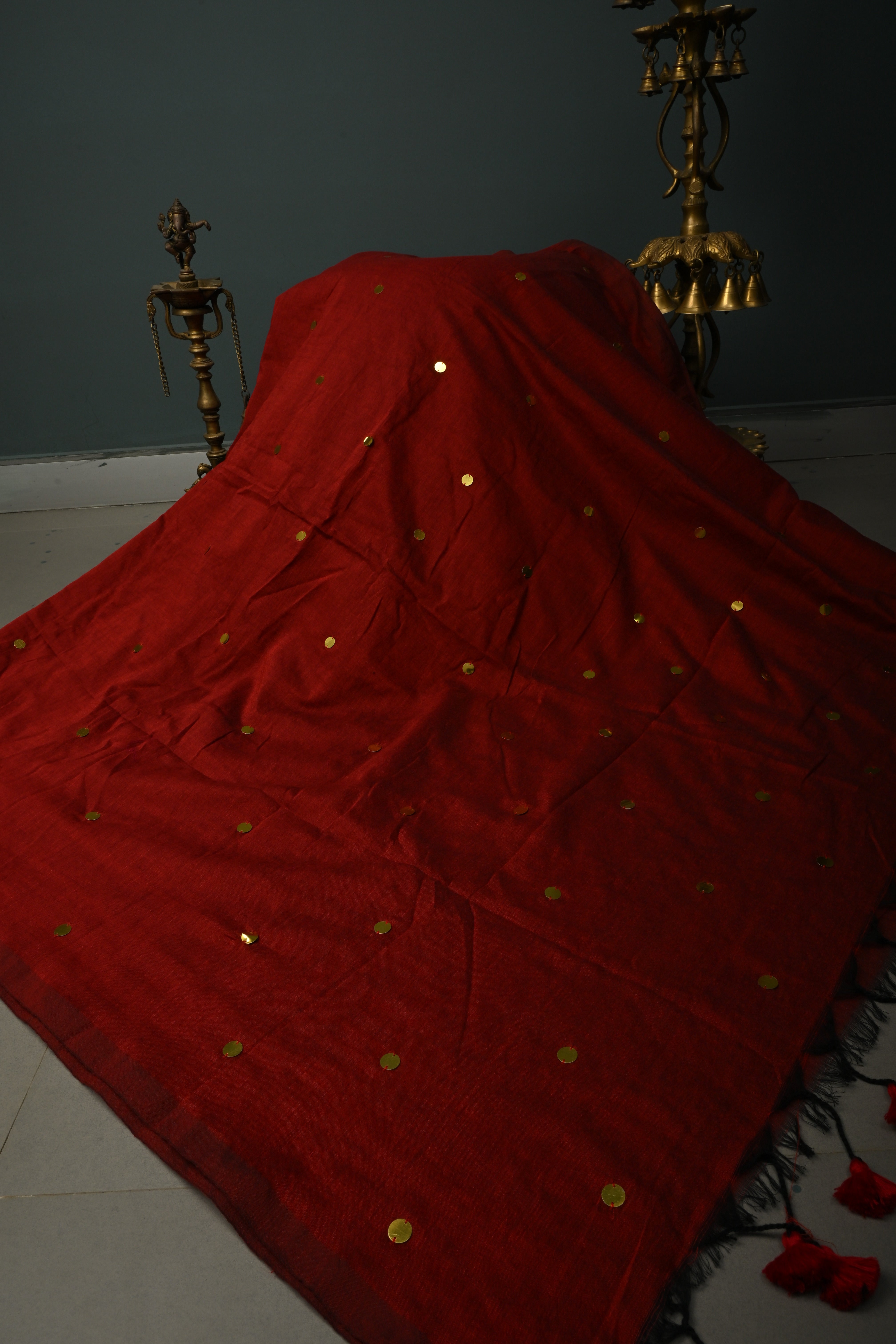 Maroon Mercerized Mul Cotton saree in With Tikki work and Long Tassels, No Blouse Piece | Shobitam