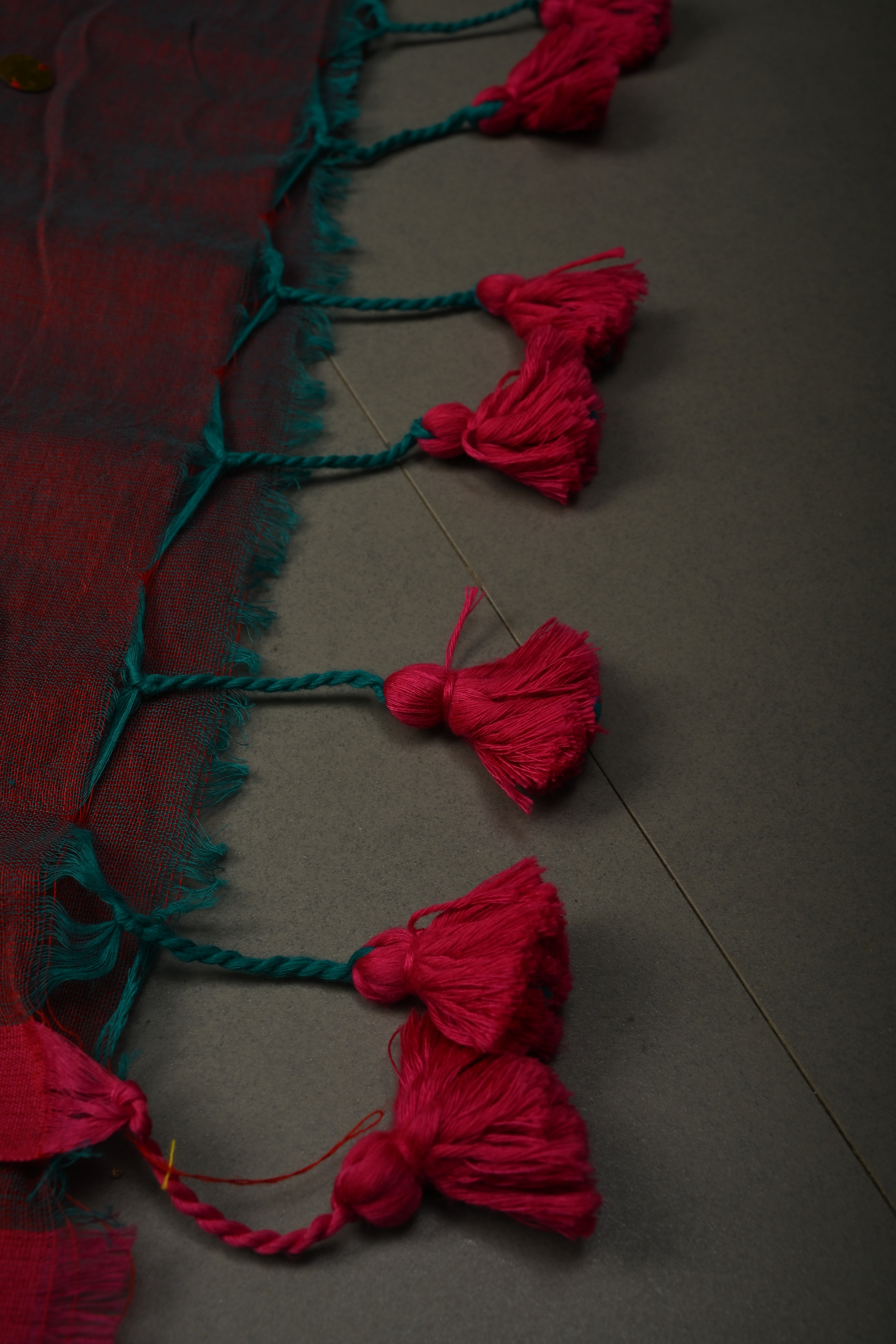 Red-Green Dual Tone Mercerized Mul Cotton saree in With Tikki work and Long Tassels, No Blouse Piece | Shobitam