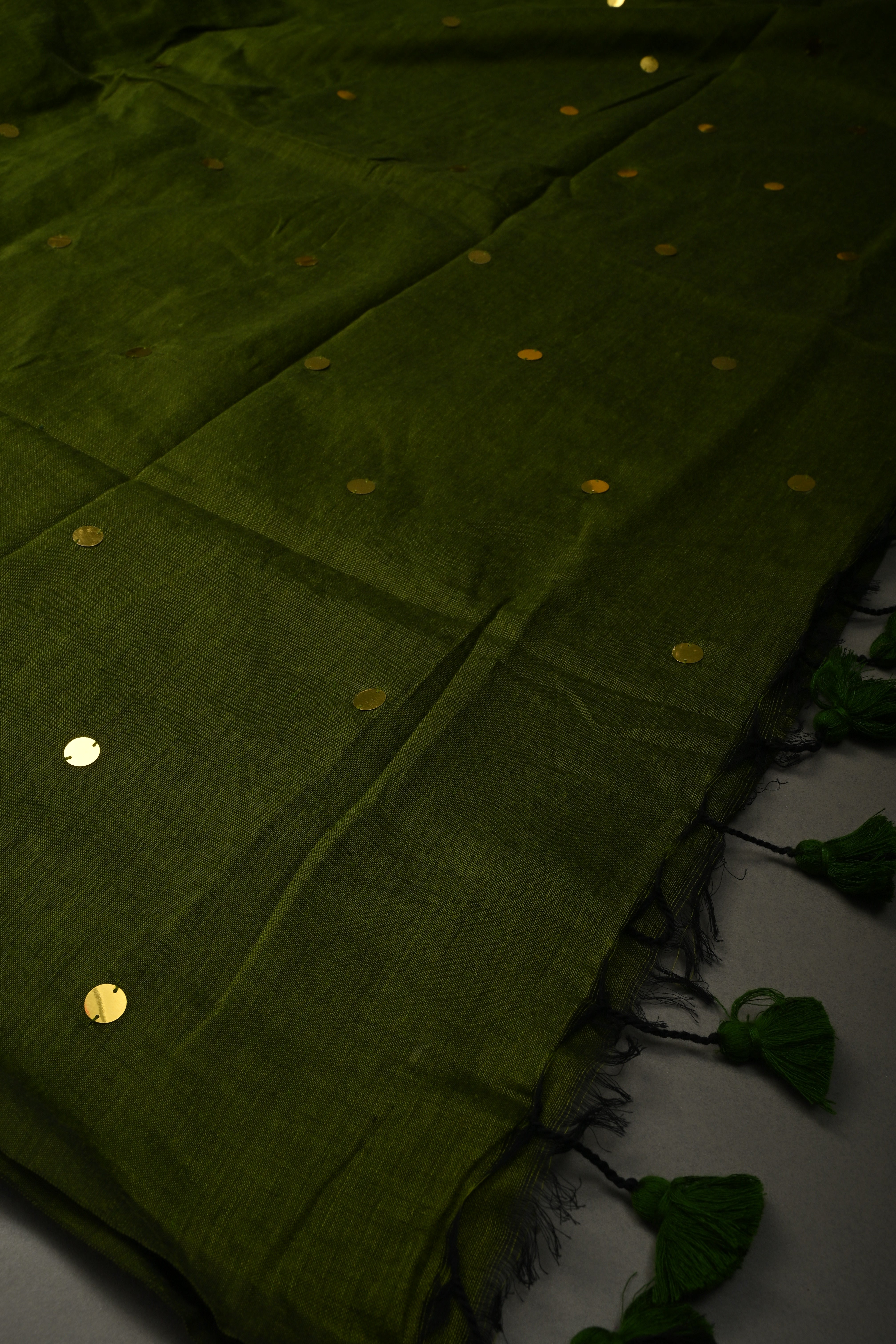 Parrot Green Mercerized Mul Cotton saree in With Tikki work and Long Tassels, No Blouse Piece | Shobitam