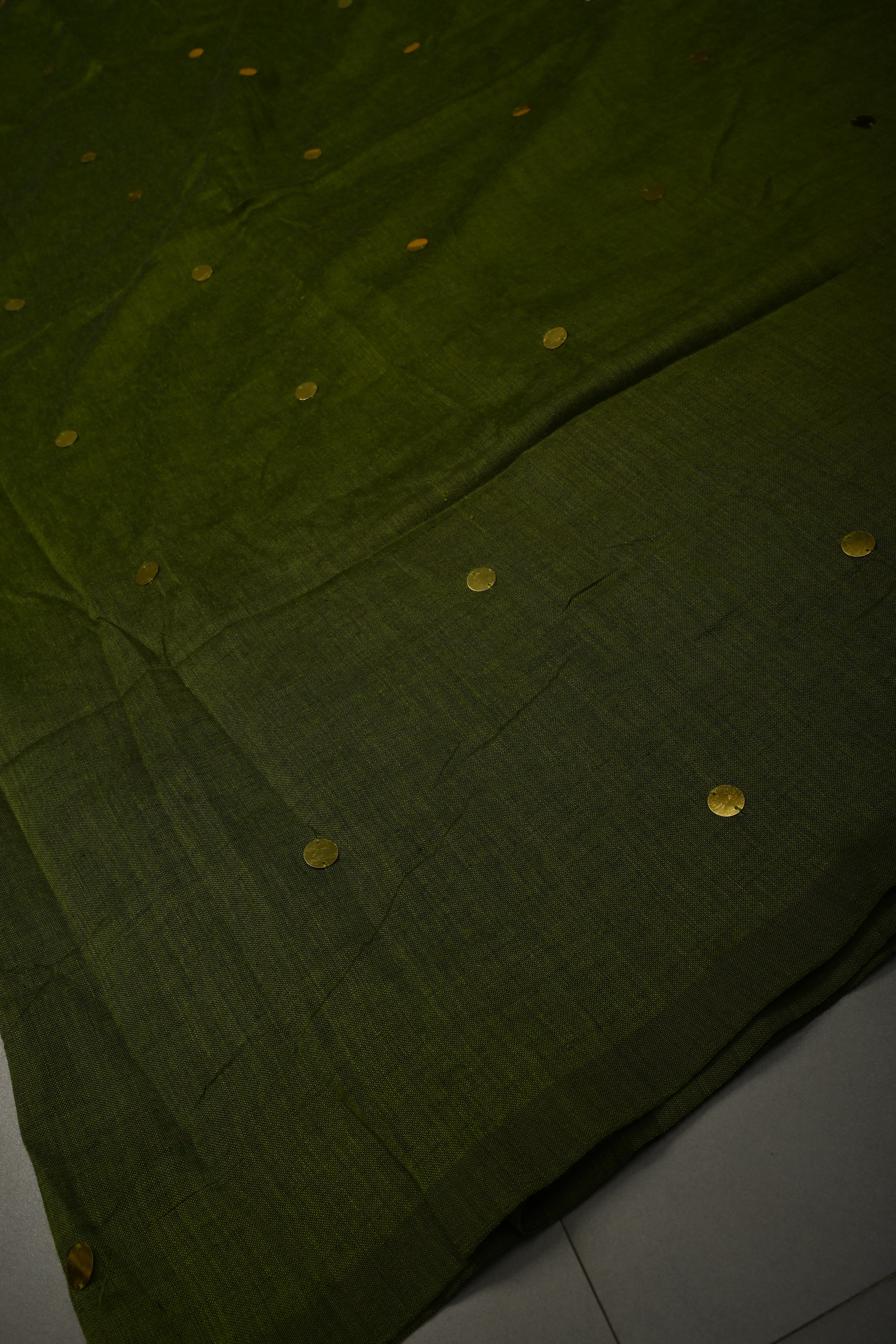 Parrot Green Mercerized Mul Cotton saree in With Tikki work and Long Tassels, No Blouse Piece | Shobitam