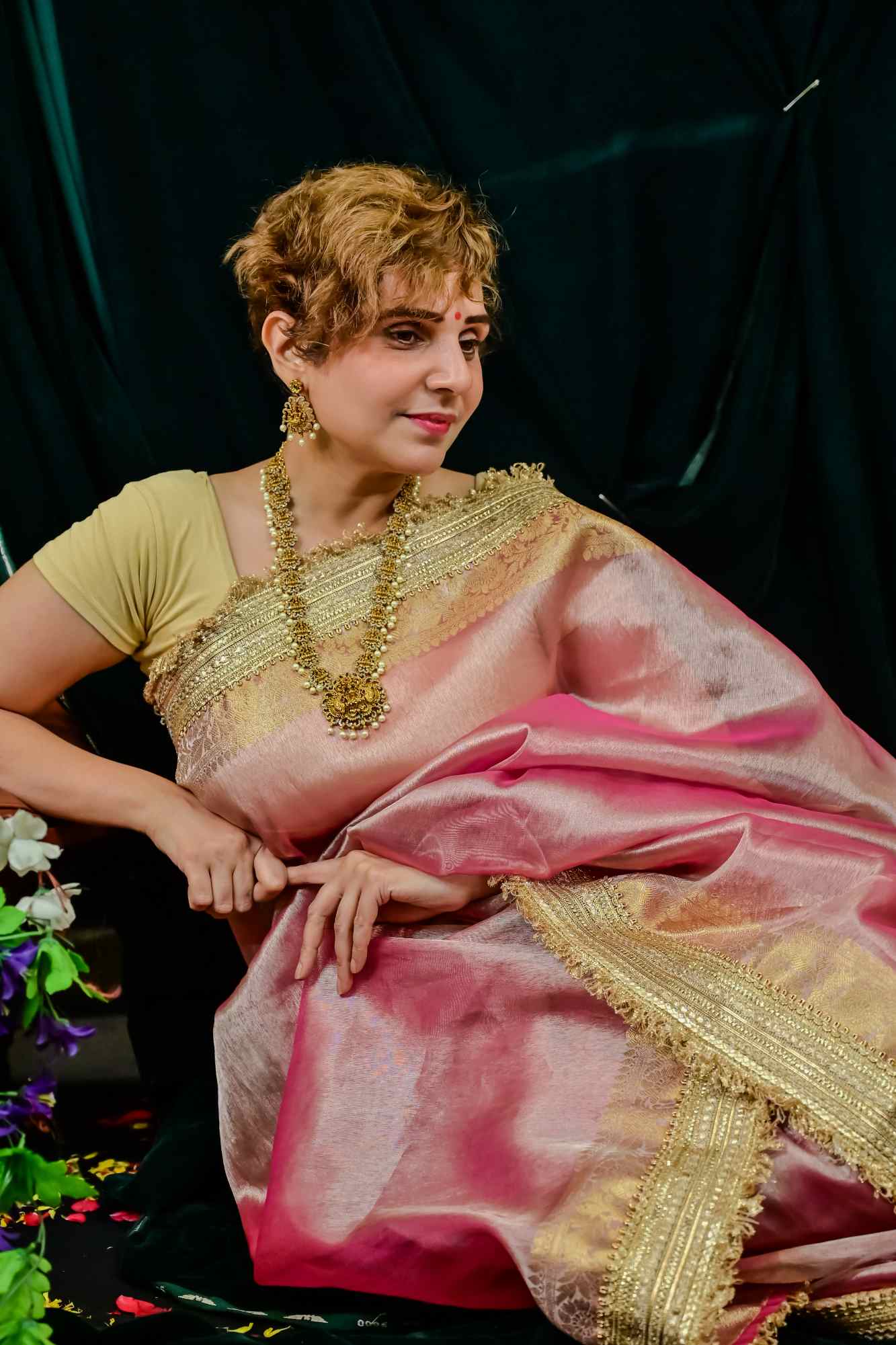 Soft Tissue Silk Ready to wear Saree with Golden Zari and Shimmering Embellishments