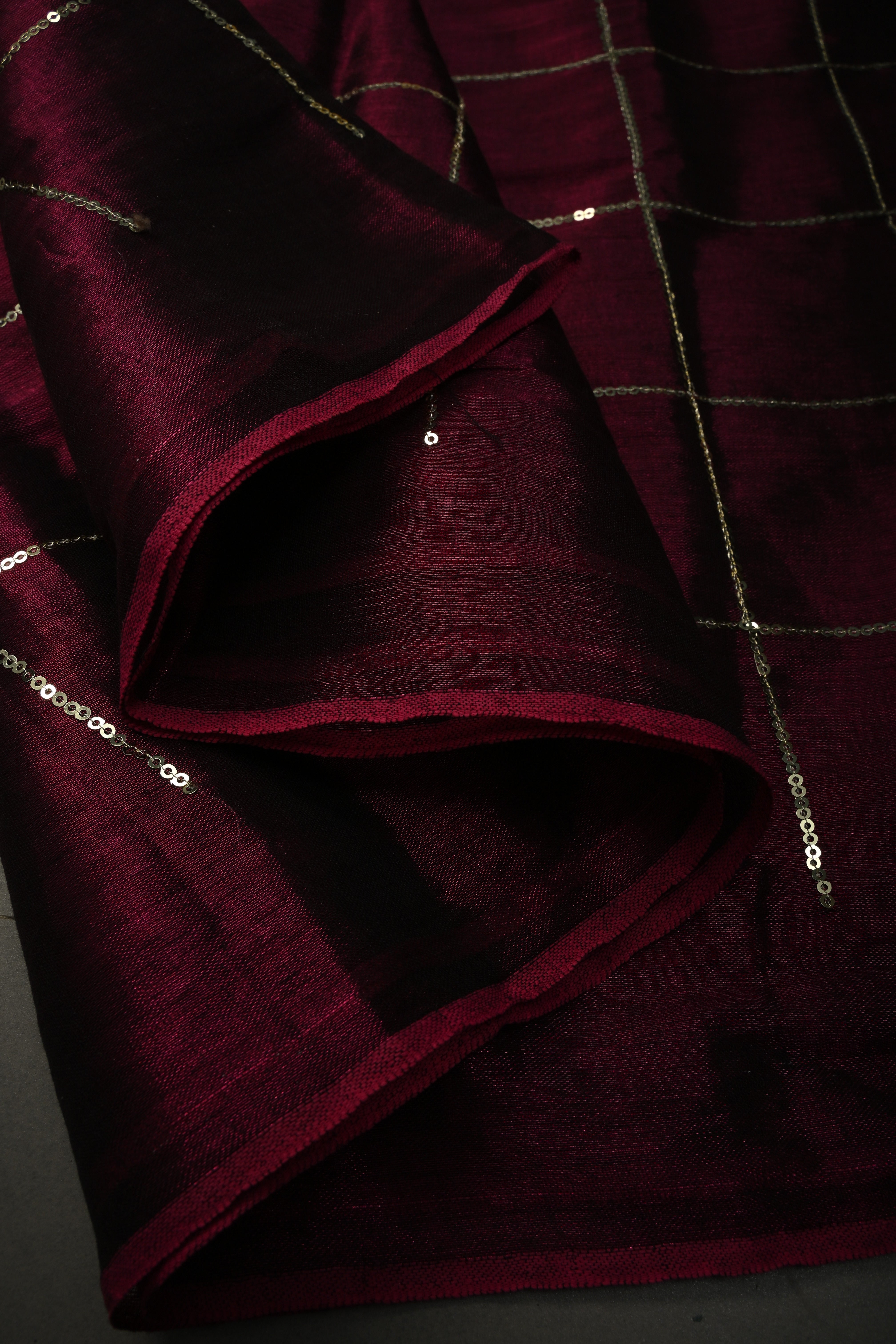 Tyrian Purple Borderless Cotton by Tissue Saree with Sequins Checks, No Blouse Piece | SHOBITAM