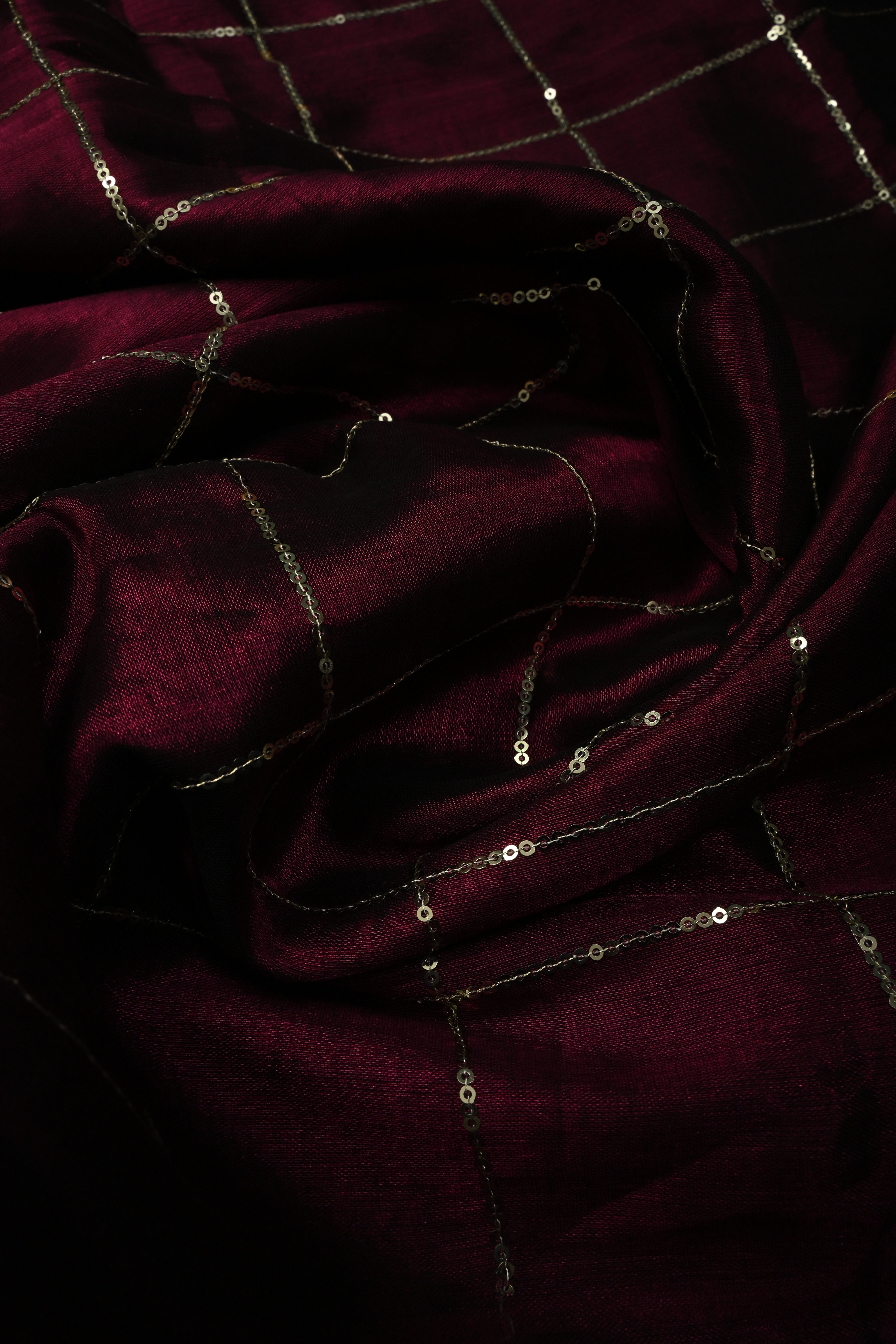 Tyrian Purple Borderless Cotton by Tissue Saree with Sequins Checks, No Blouse Piece | SHOBITAM