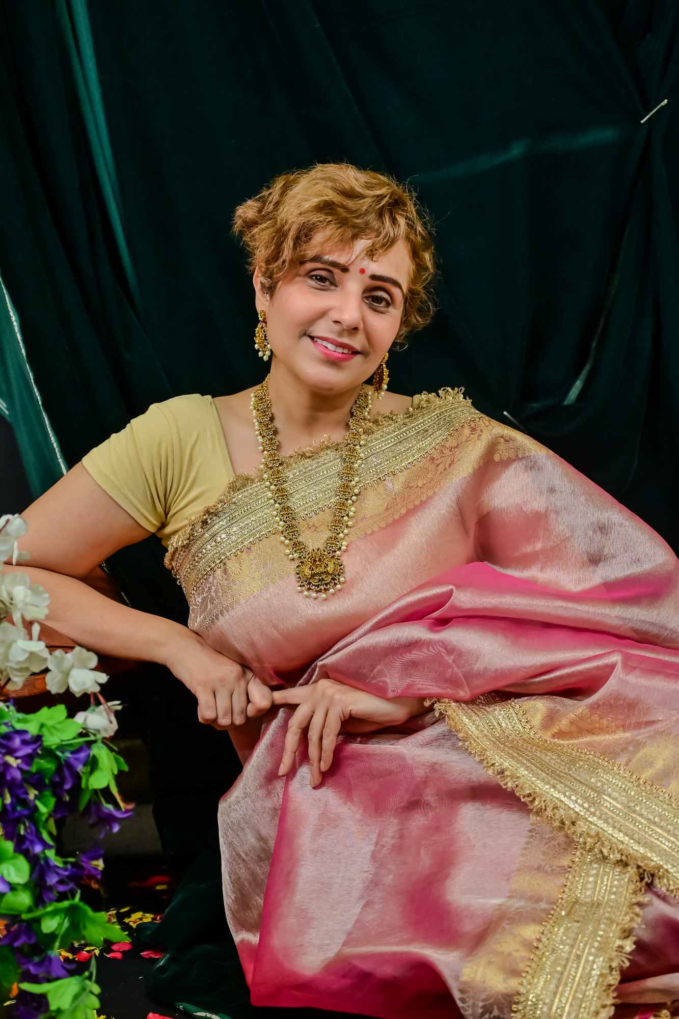 Soft Tissue Silk Ready to wear Saree with Golden Zari and Shimmering Embellishments