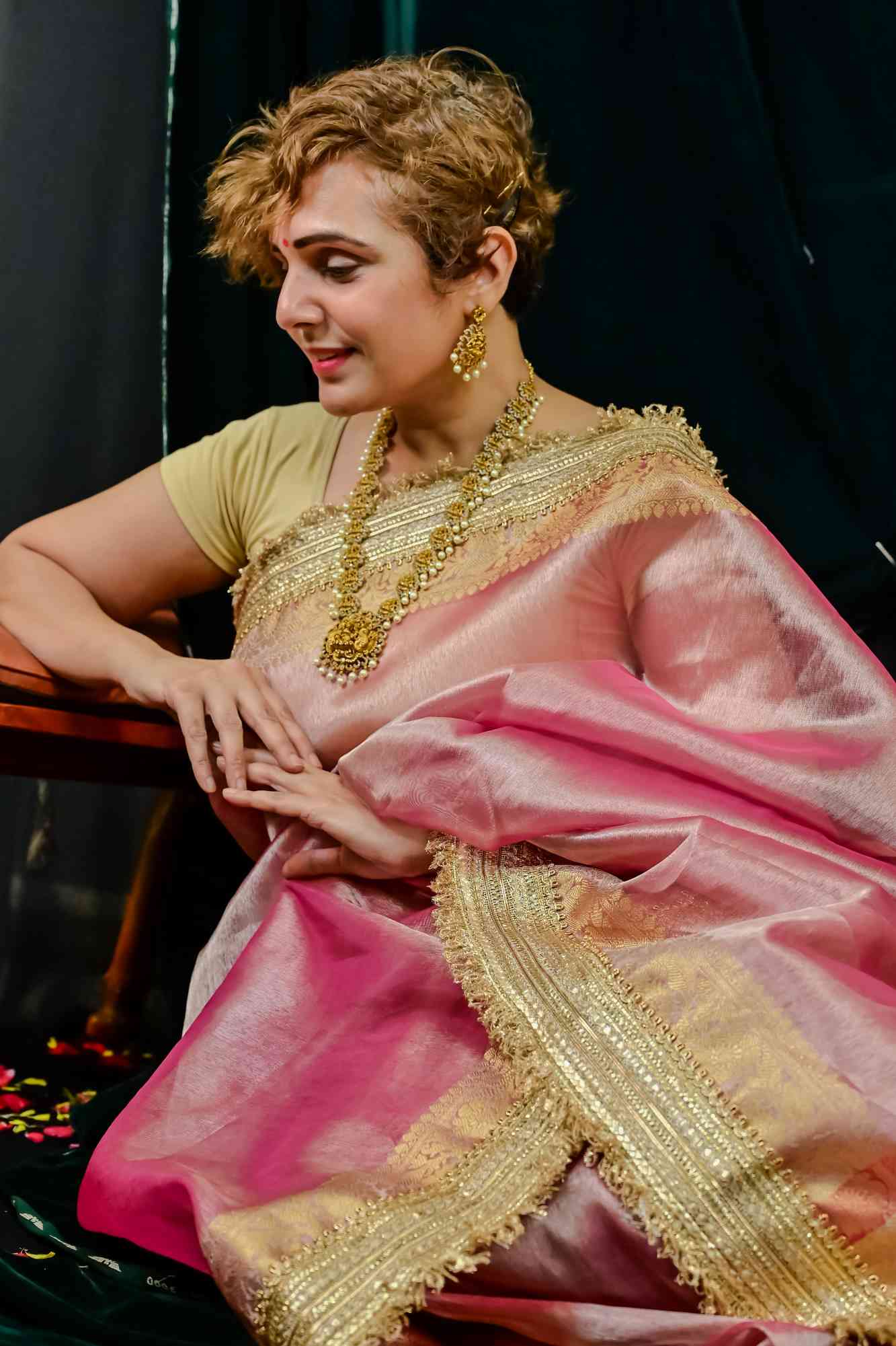 Soft Tissue Silk Ready to wear Saree with Golden Zari and Shimmering Embellishments