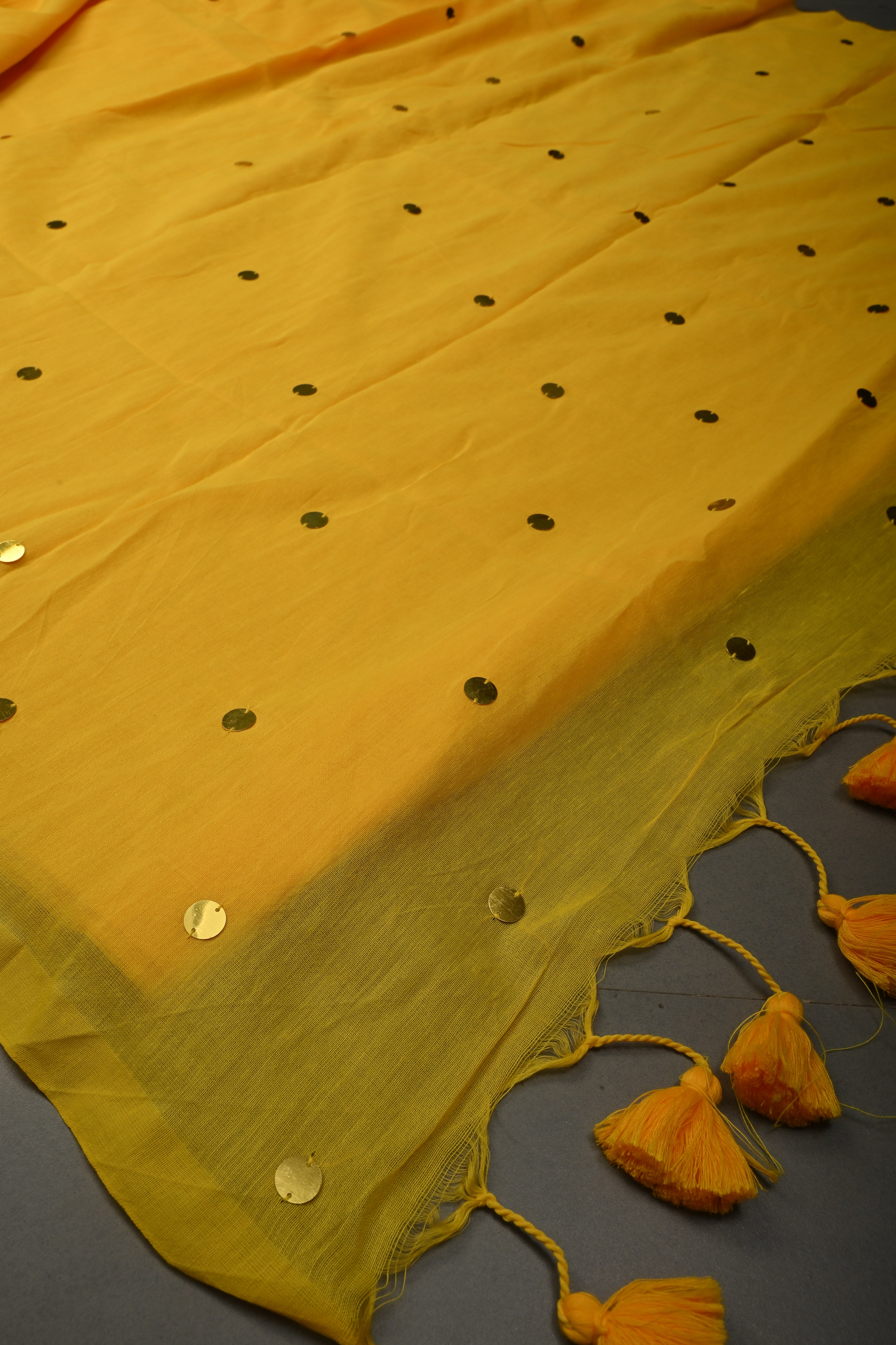 Haldi Yellow Mercerized Mul Cotton Saree with Tikki Work and Long Tassels, No Blouse Piece | Shobitam