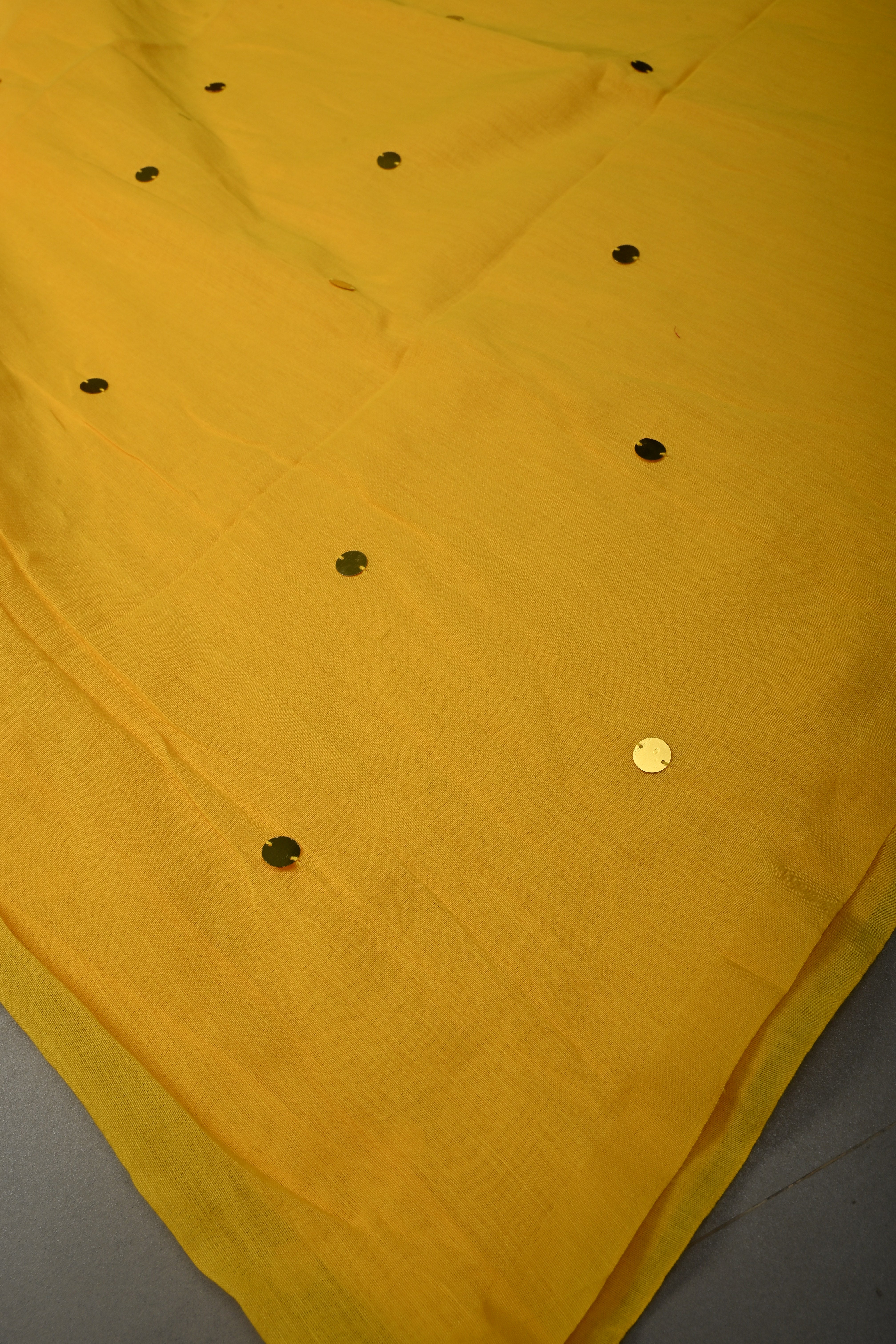 Haldi Yellow Mercerized Mul Cotton Saree with Tikki Work and Long Tassels, No Blouse Piece | Shobitam