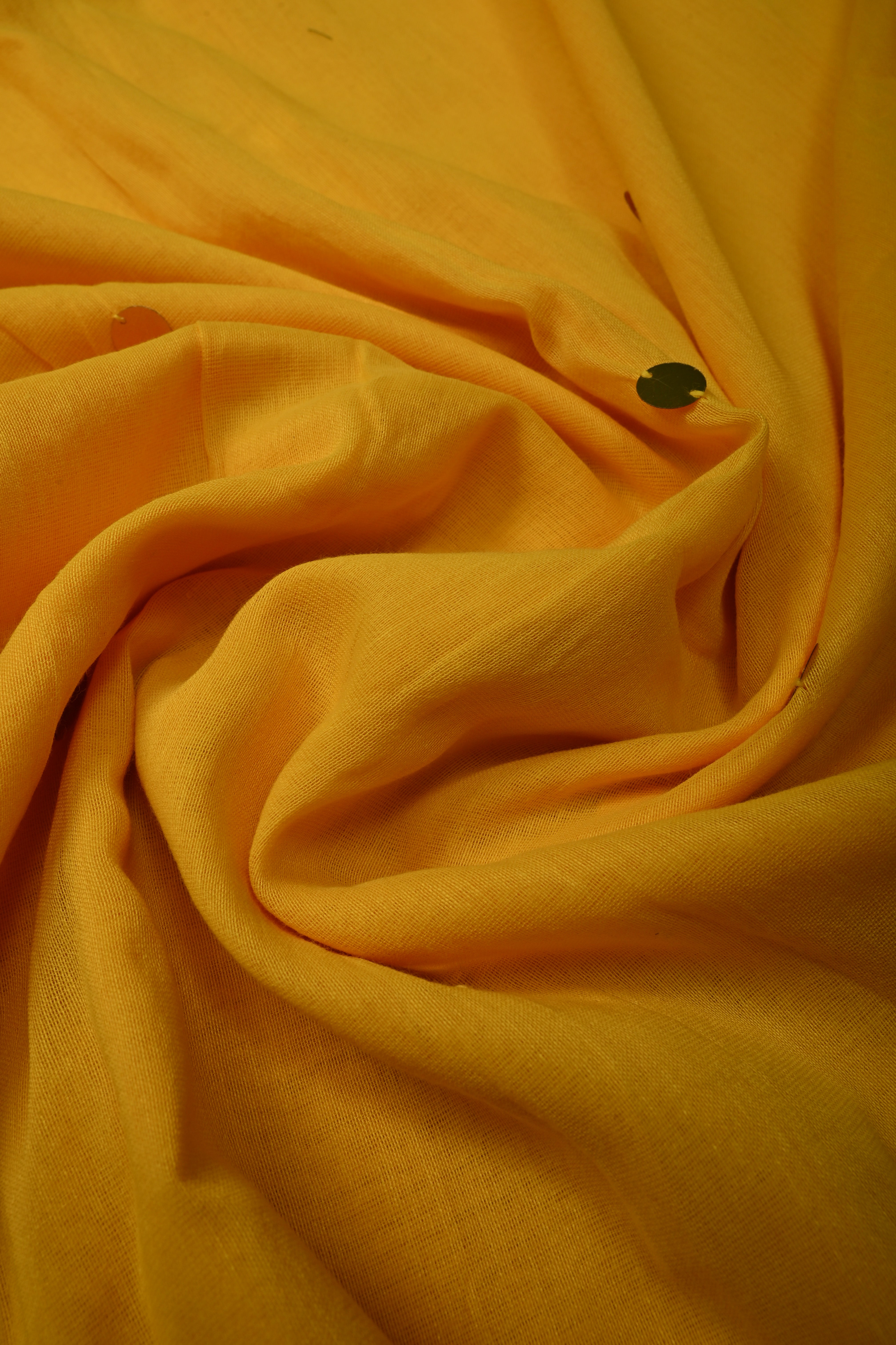 Haldi Yellow Mercerized Mul Cotton Saree with Tikki Work and Long Tassels, No Blouse Piece | Shobitam