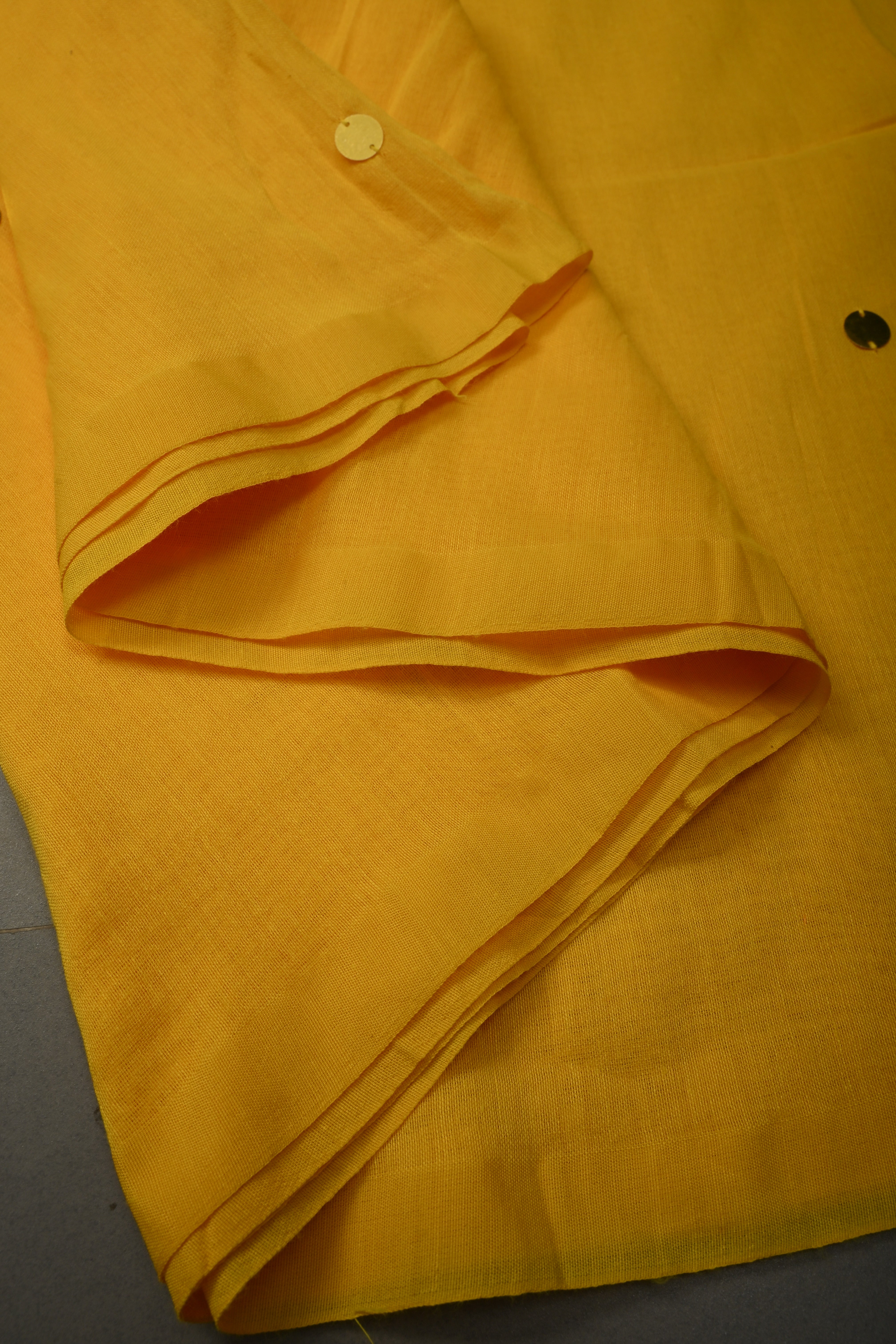 Haldi Yellow Mercerized Mul Cotton Saree with Tikki Work and Long Tassels, No Blouse Piece | Shobitam