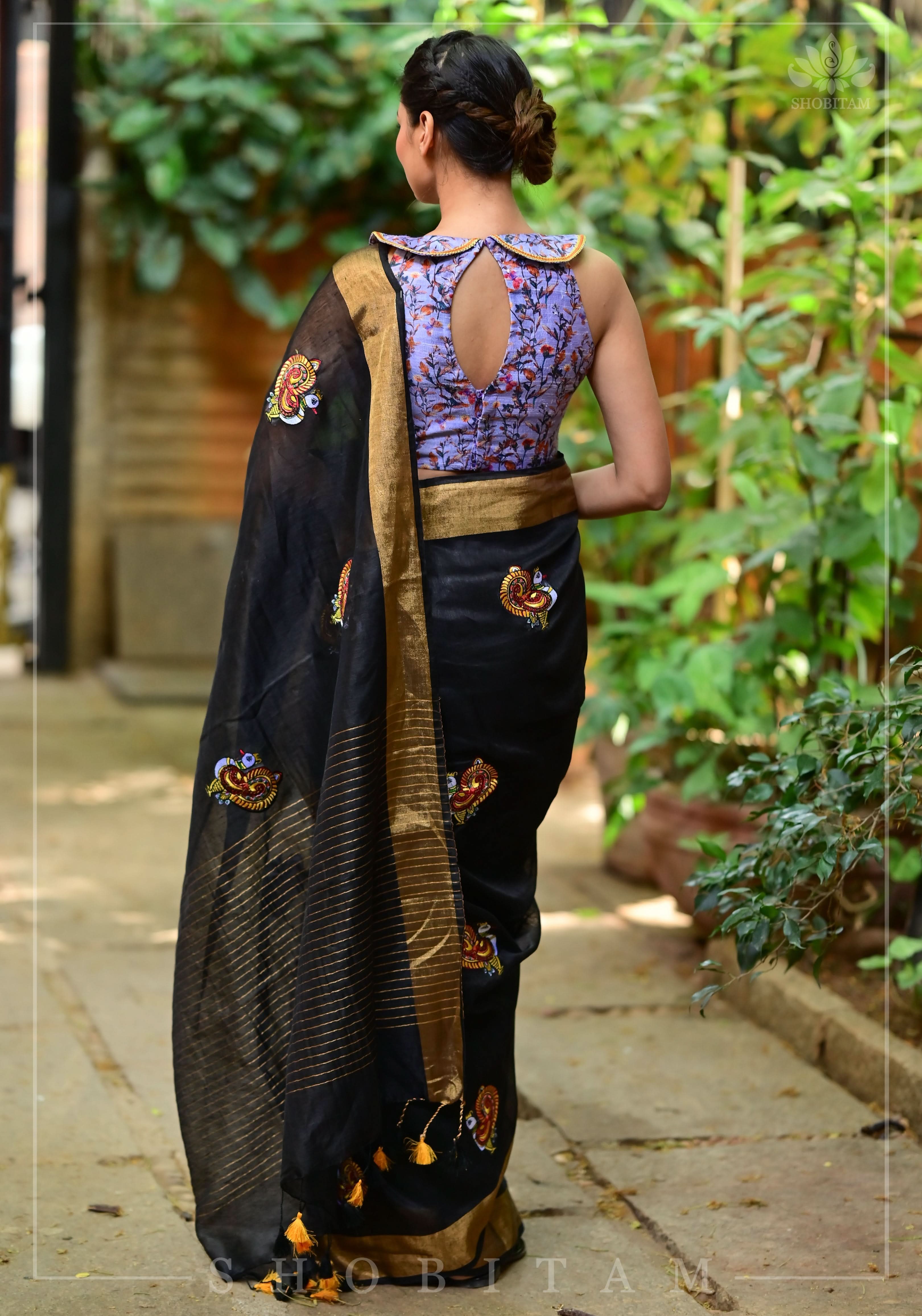 Annapakshi -the divine Swan embroidered motifs on Black Silk Linen Saree | Shobitam