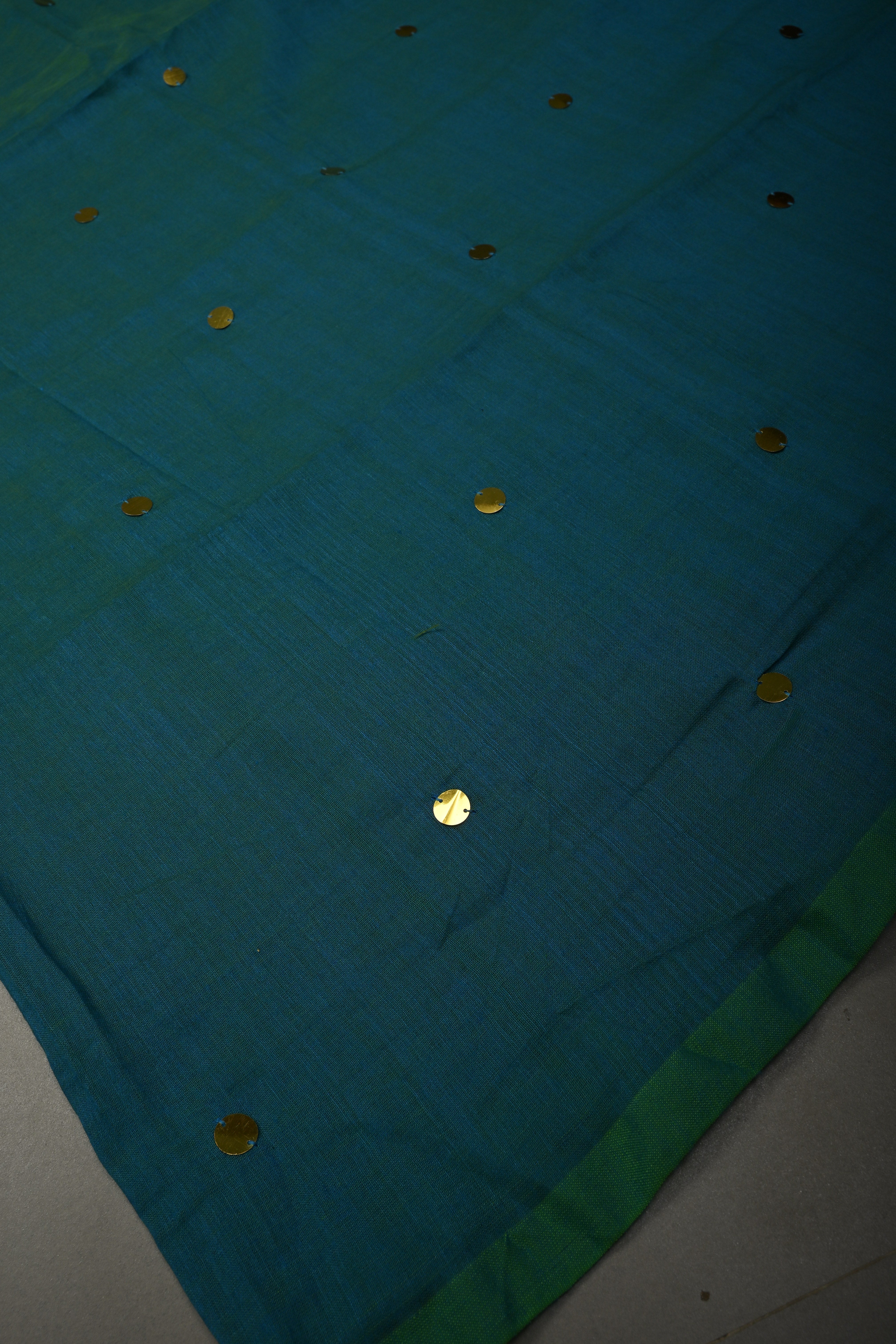 Peacock Blue-Green Mercerized Mul Cotton Saree with Tikki Work and Long Tassels, No Blouse Piece | Shobitam