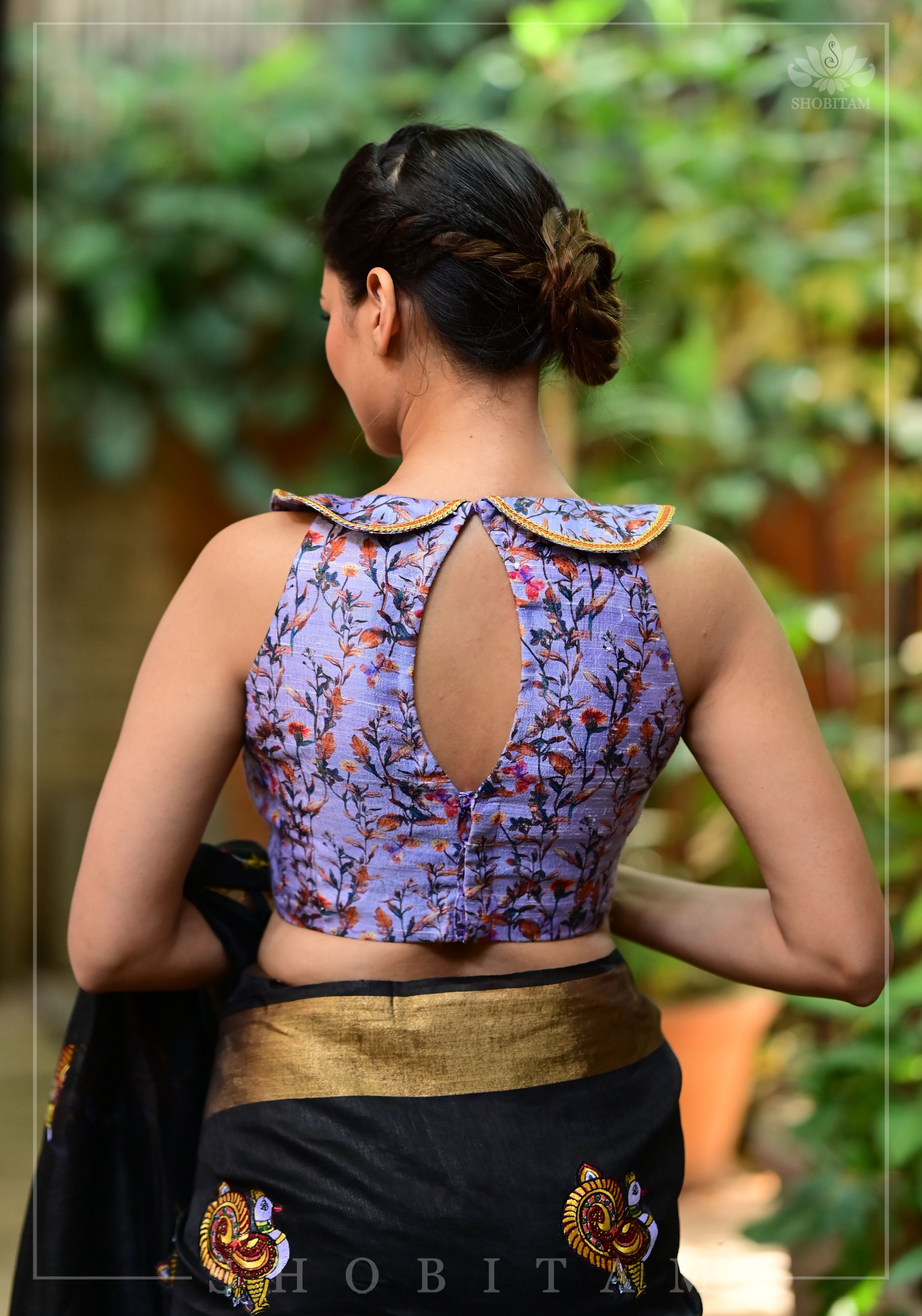 Lavender floral pure rawsilk collared blouse | Shobitam