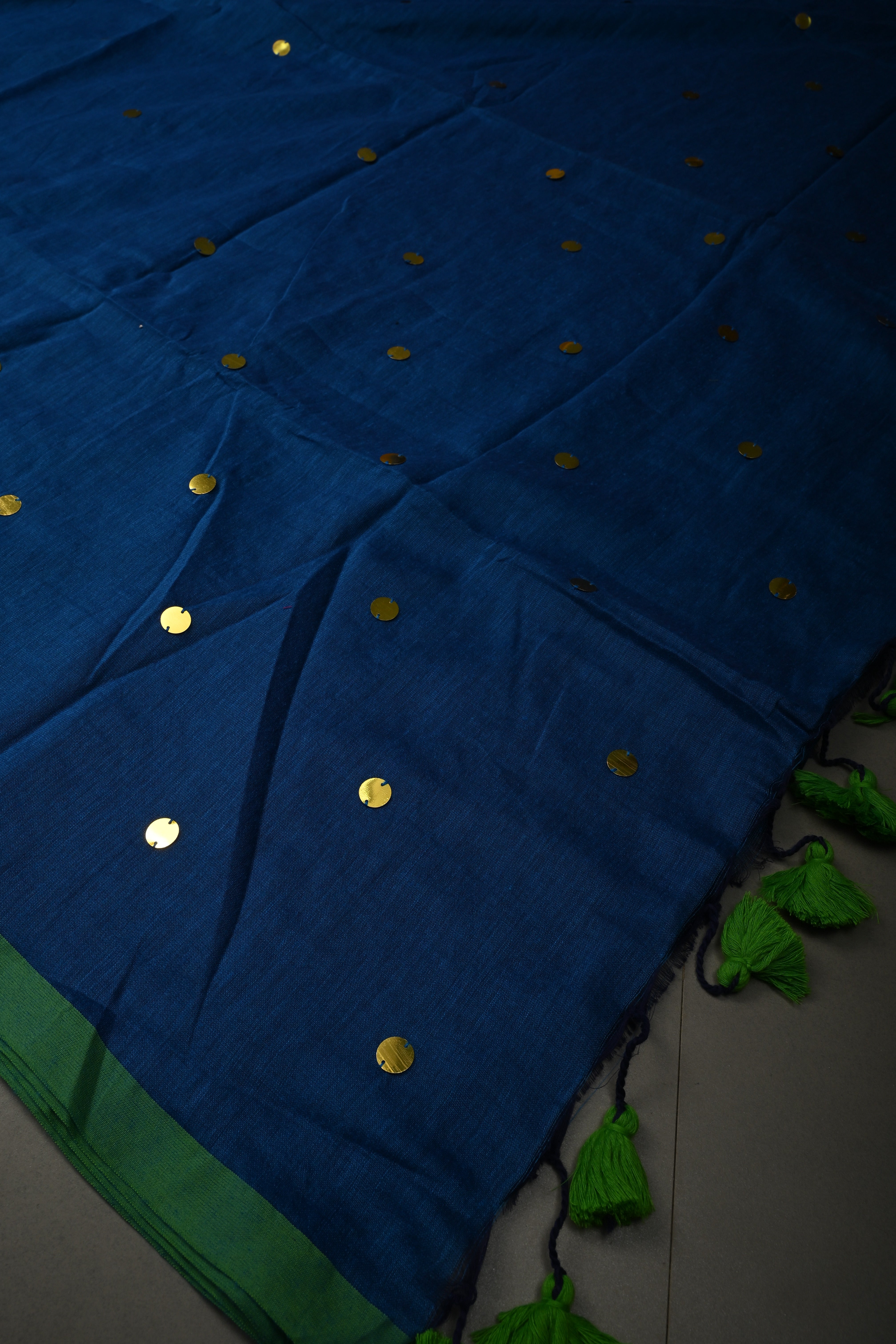 Royal Blue Mercerized Mul Cotton saree in With Tikki work and Long Tassels, No Blouse Piece | Shobitam