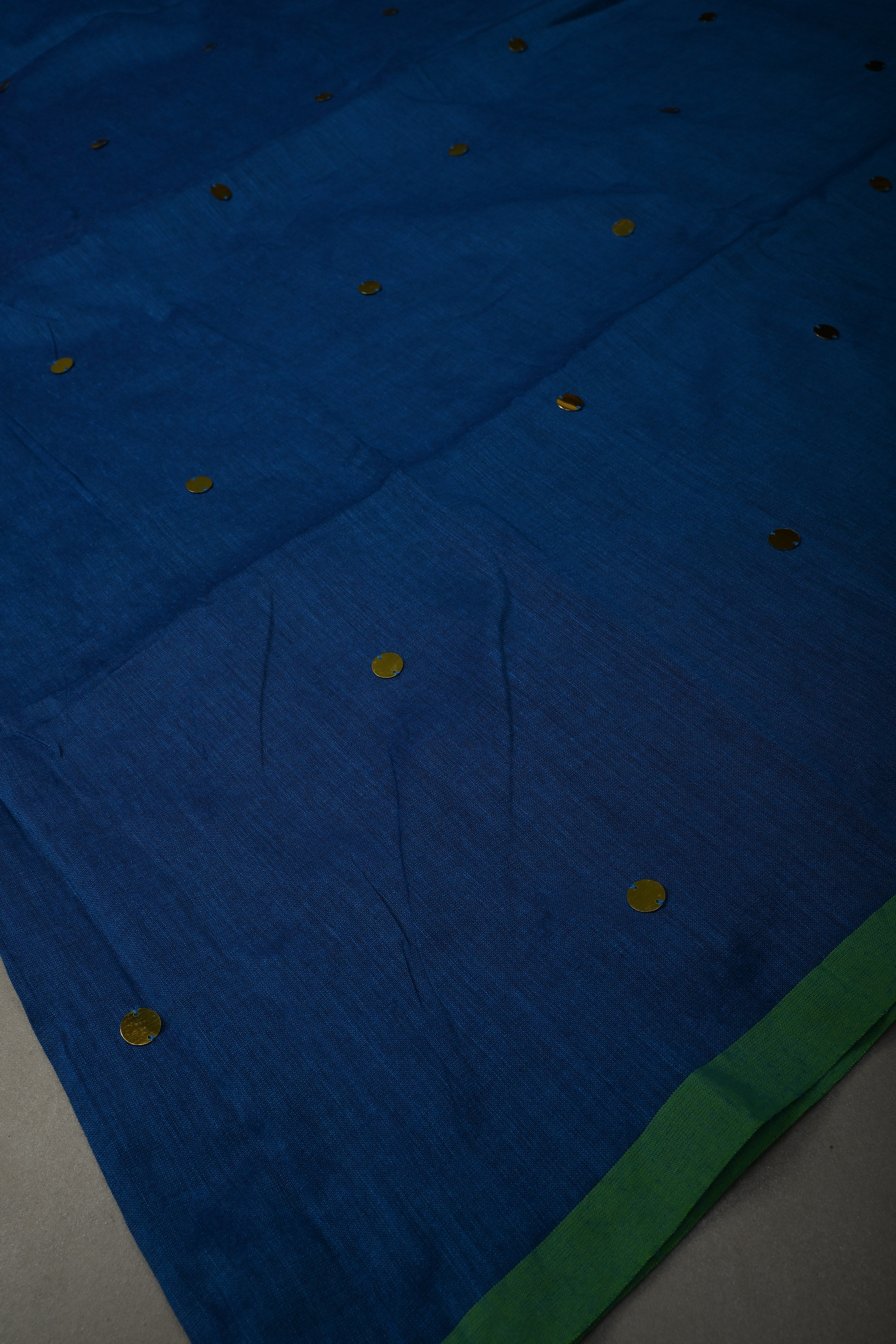 Royal Blue Mercerized Mul Cotton saree in With Tikki work and Long Tassels, No Blouse Piece | Shobitam